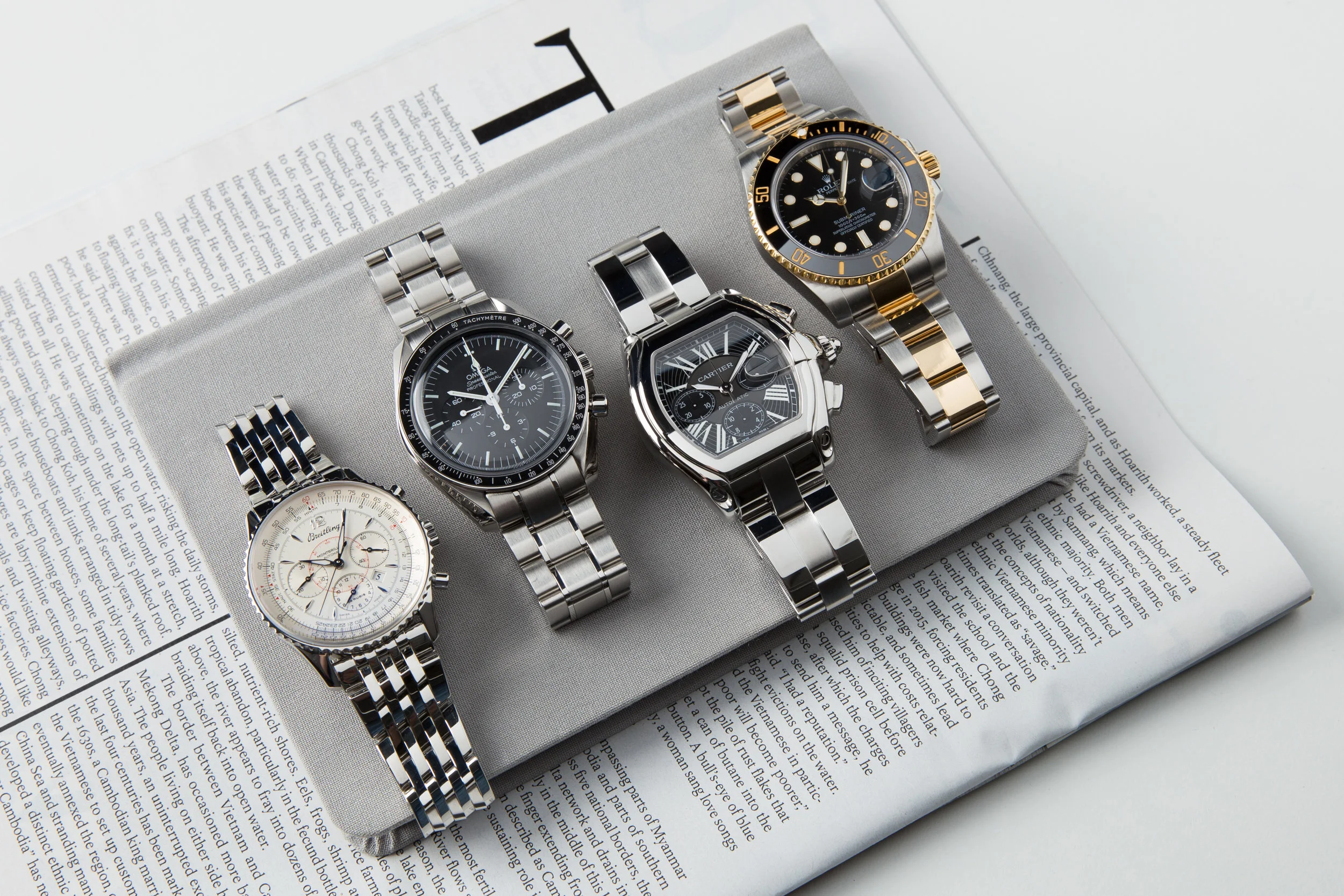 BREITLING MONTBRILLIANT NAVITIMER, OMEGA SPEEDMASTER PROFESSIONAL, CARTIER ROADSTER, ROLEX SUBMARINER TWO TONE GOLD