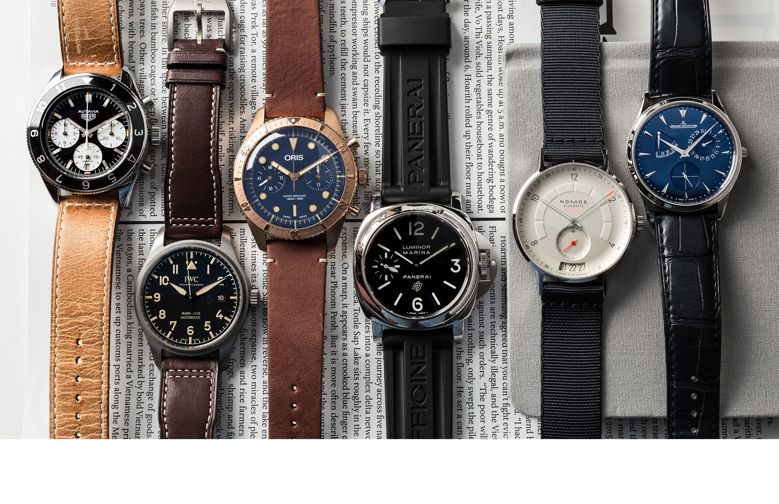HEUER HERITAGE CALIBRE HEUER 02, PILOT’S WATCH MARK XVILL HERITAGE, ORIS CARL BRASHEAR CHRONOGRAPH LIMITED EDITION, PANERAI LUMINOR MARINA PAM 005, NOMOS GLASHUETTE AUTOBAHN, JAEGER-LECOULTRE MASTER ULTRA THIN RESERVE DE MARCHE
