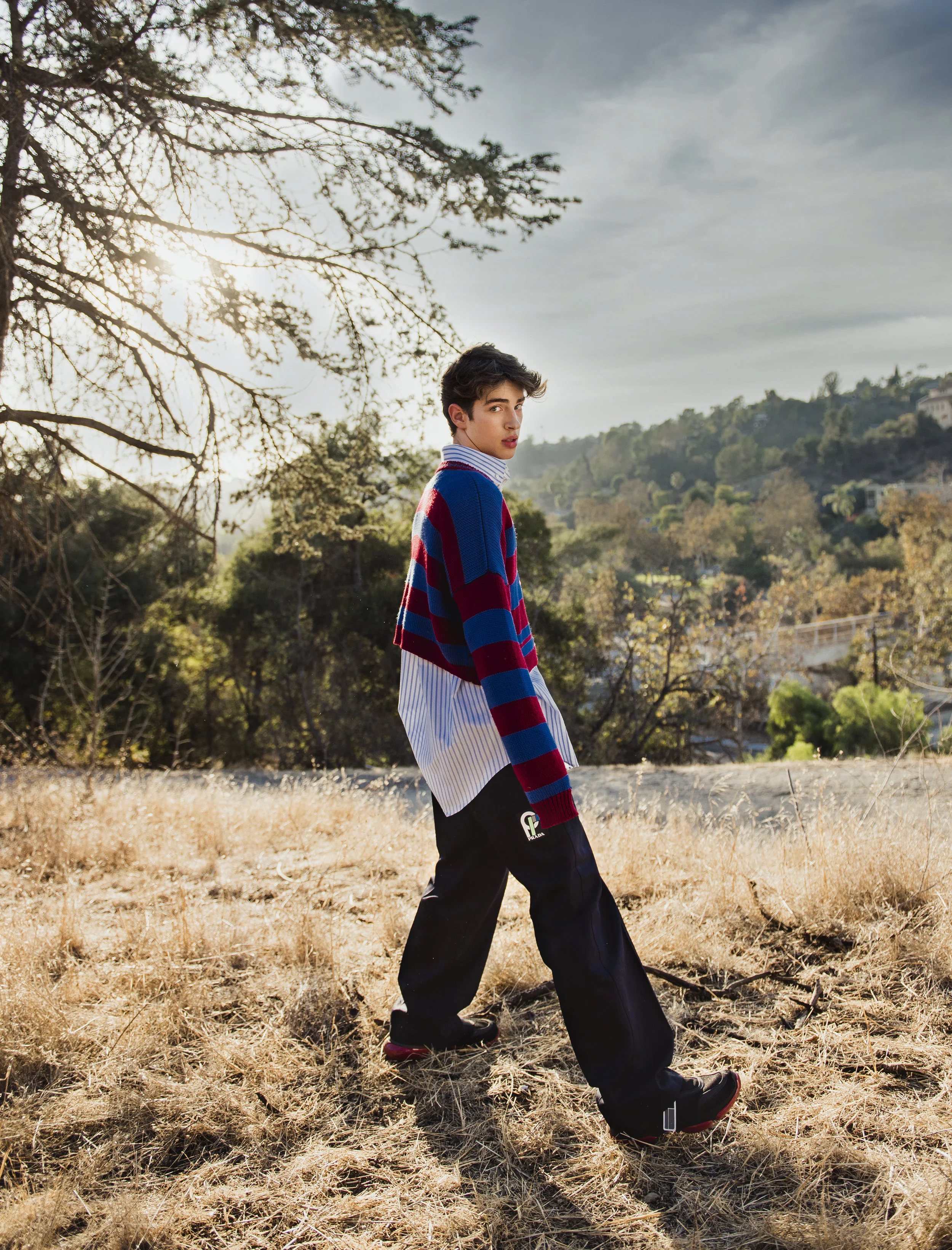 Gucci stripes shirt from Matches Fashion, Raf Simons sweater, Prada pants and shoes