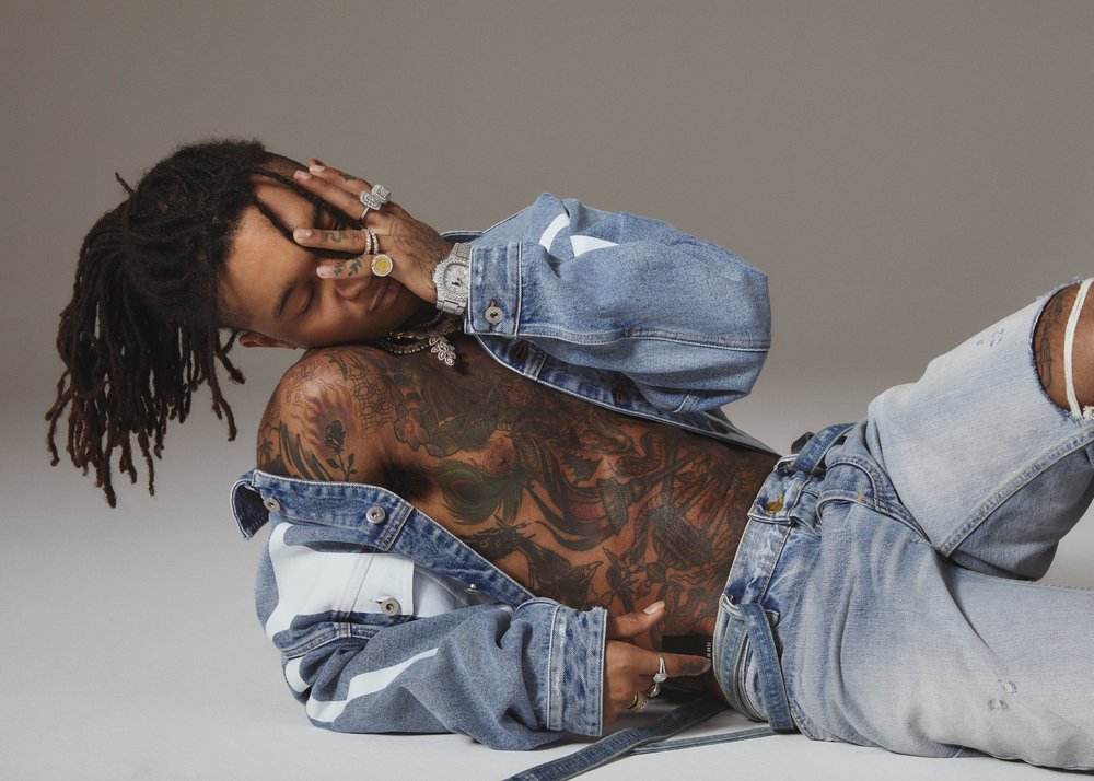 On SWAE, denim jacket VALENTINO (FWRD MAN), jeans FEAR OF GOD (FWRD MAN), shoes LOUIS VUITTON