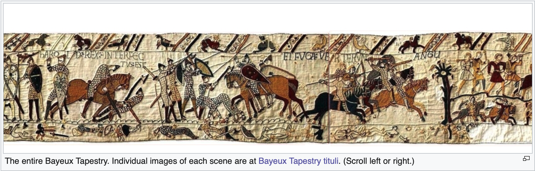 link to scrollable image of entire Bayeux Tapestry The Bayeux Tapestry is an embroidered cloth nearly 70 meters (230 feet) long and 50 centimeters (20 inches) tall that depicts the events leading up to the Norman
