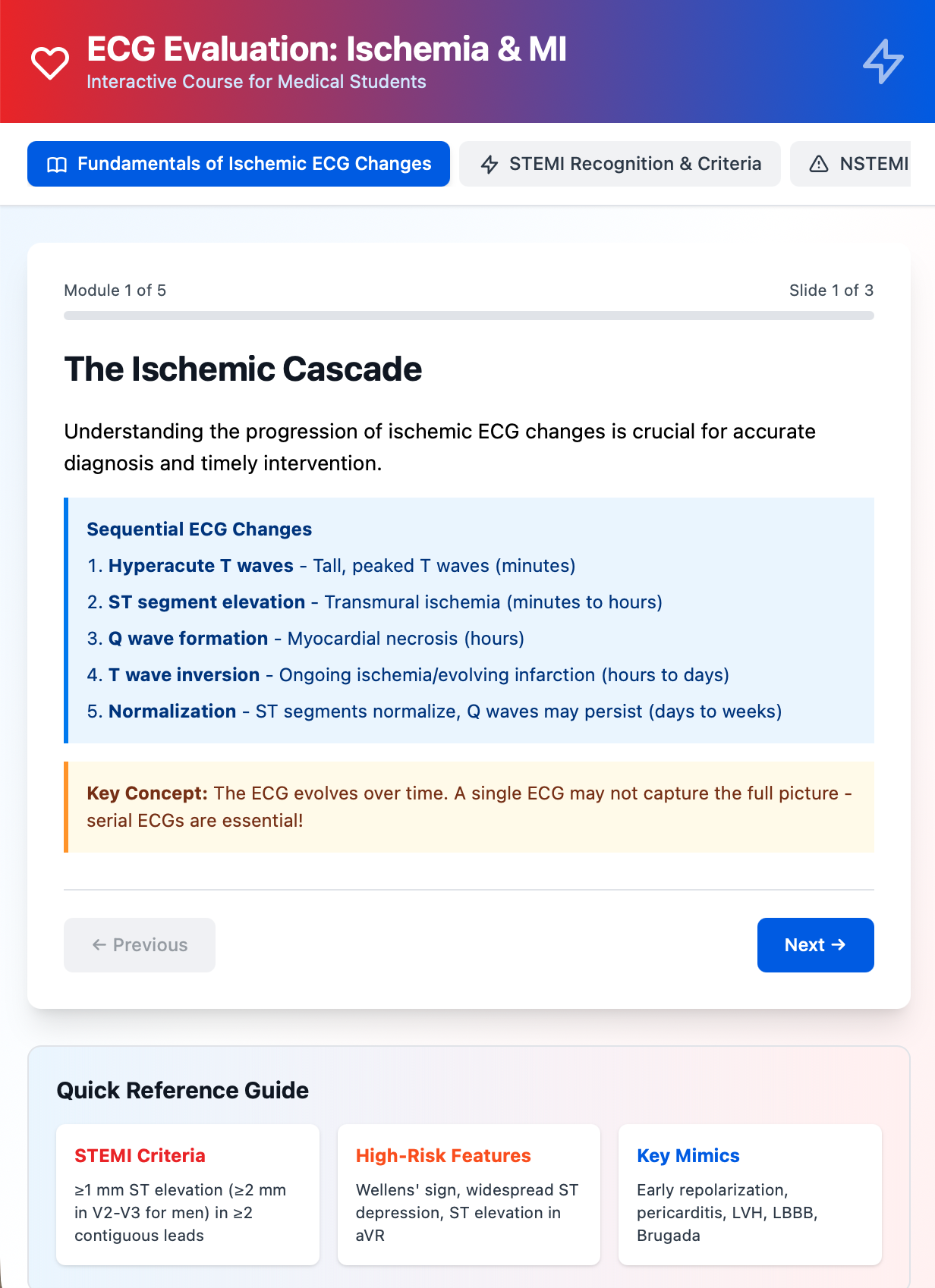    →  Interactive ECG Ischemia / Infarction Recognition course created by  Anthropic Claude  AI on 2/13/26   