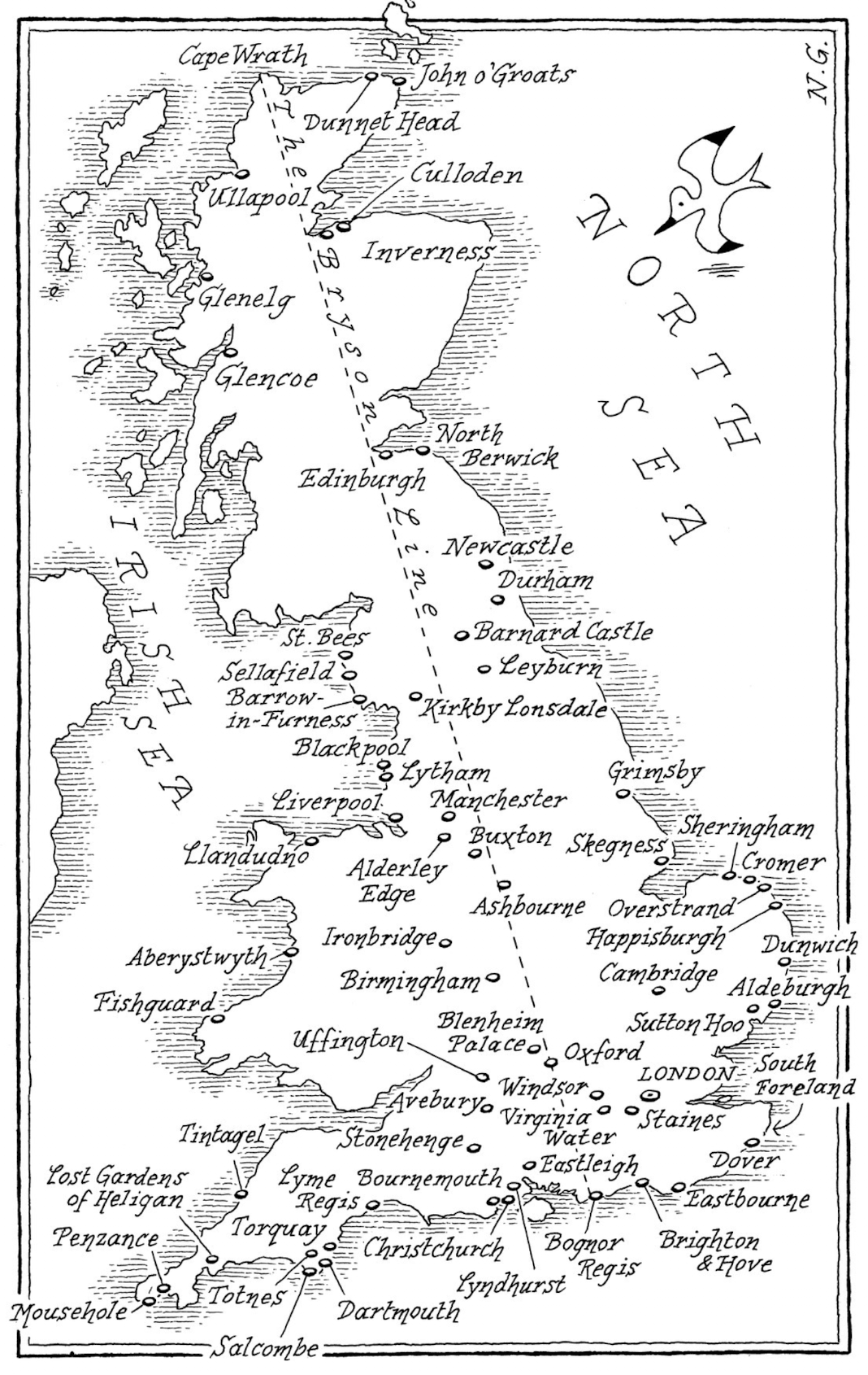   excerpt:        …  I considered the possibility of traveling through Britain along my newly discovered line (the Bryson Line, as I would like it now to become generally known, since I was the one who discovered it), but I could see almost at once t