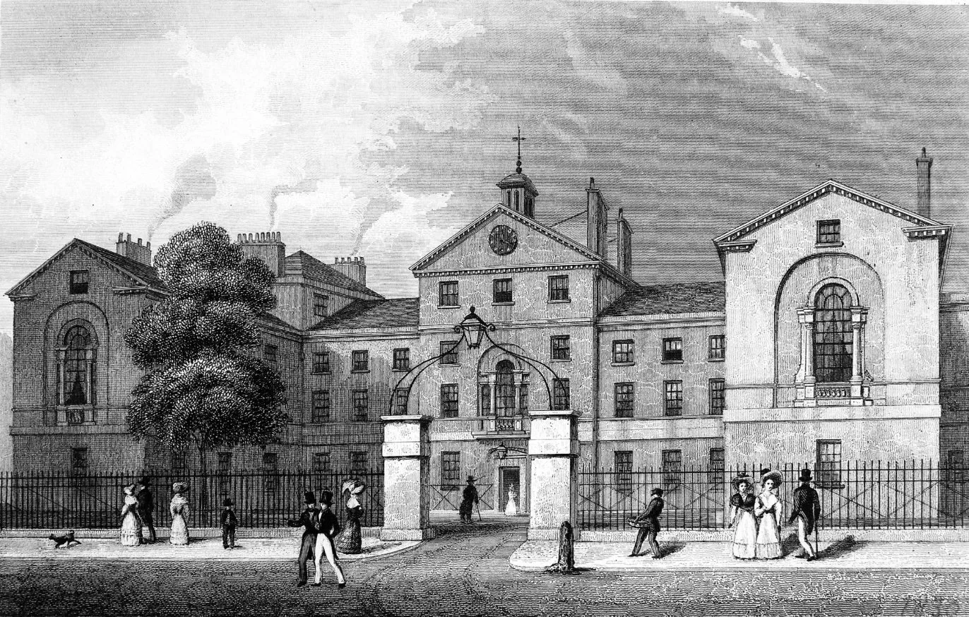   Middlesex Hospital  seen from the south in 1830.  The  Middlesex Hospital Medical School  traced its origins to 1746 (a year after the foundation of the Middlesex Hospital.  The motto of the medical school,  Miseris succurrere disco , was from Virg