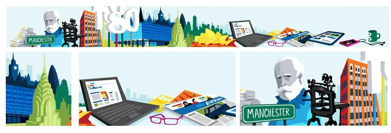 I was recently commissioned by Scriberia to design a title banner for The Guardian & Observer’s intranet site. Above is the banner design and a few close up crops of the illustration.
It incorporates lots of different Guardian references p…