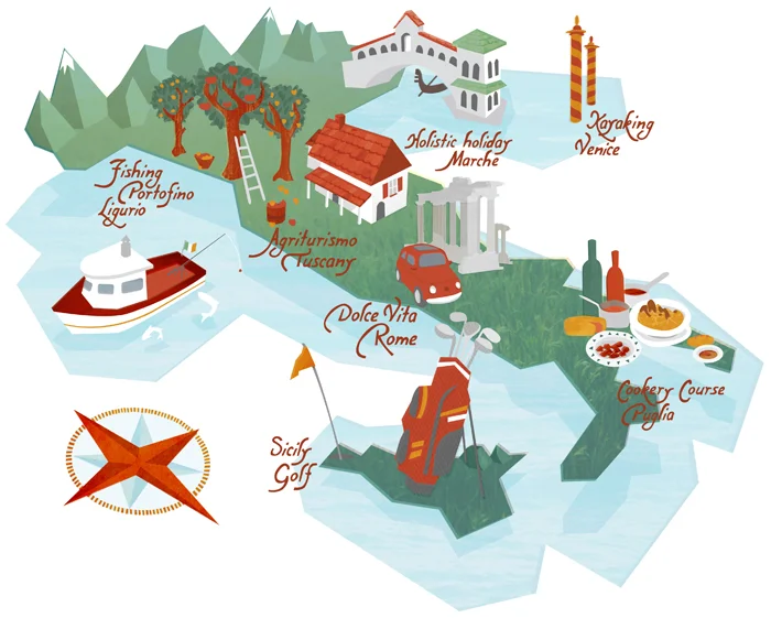 I was recently commissioned by The Quarterly to illustrate a map of Italy showing the resorts featured in their travel article. My colour pallet focused around the Italian flag and my inspiration for the typography was taken from Italian calligraphy…