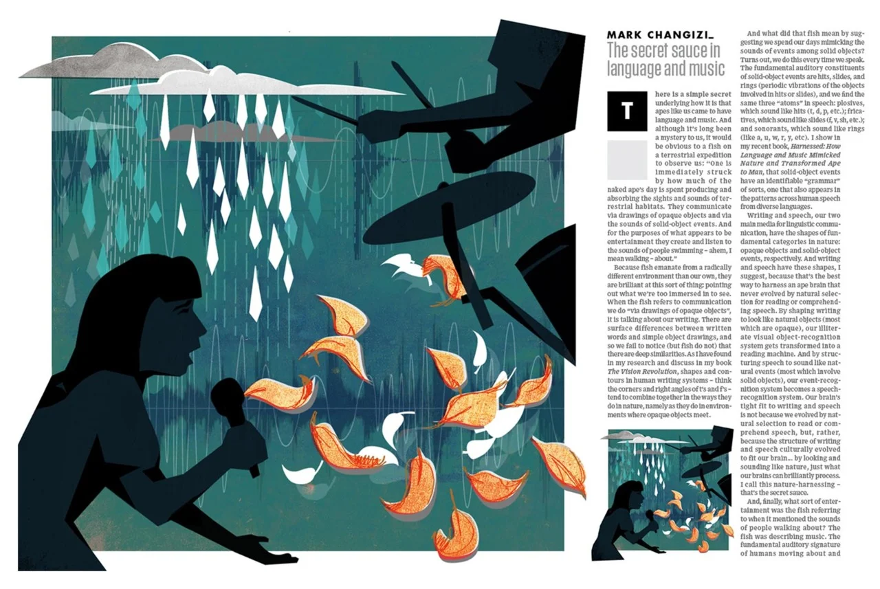 Last month I was commissioned by Wired UK to illustrate an article by Mark Changizi about the way the human brain understands language. The article was about the rhythms and sounds of nature being mimicked by language.
I was terrified what I started…