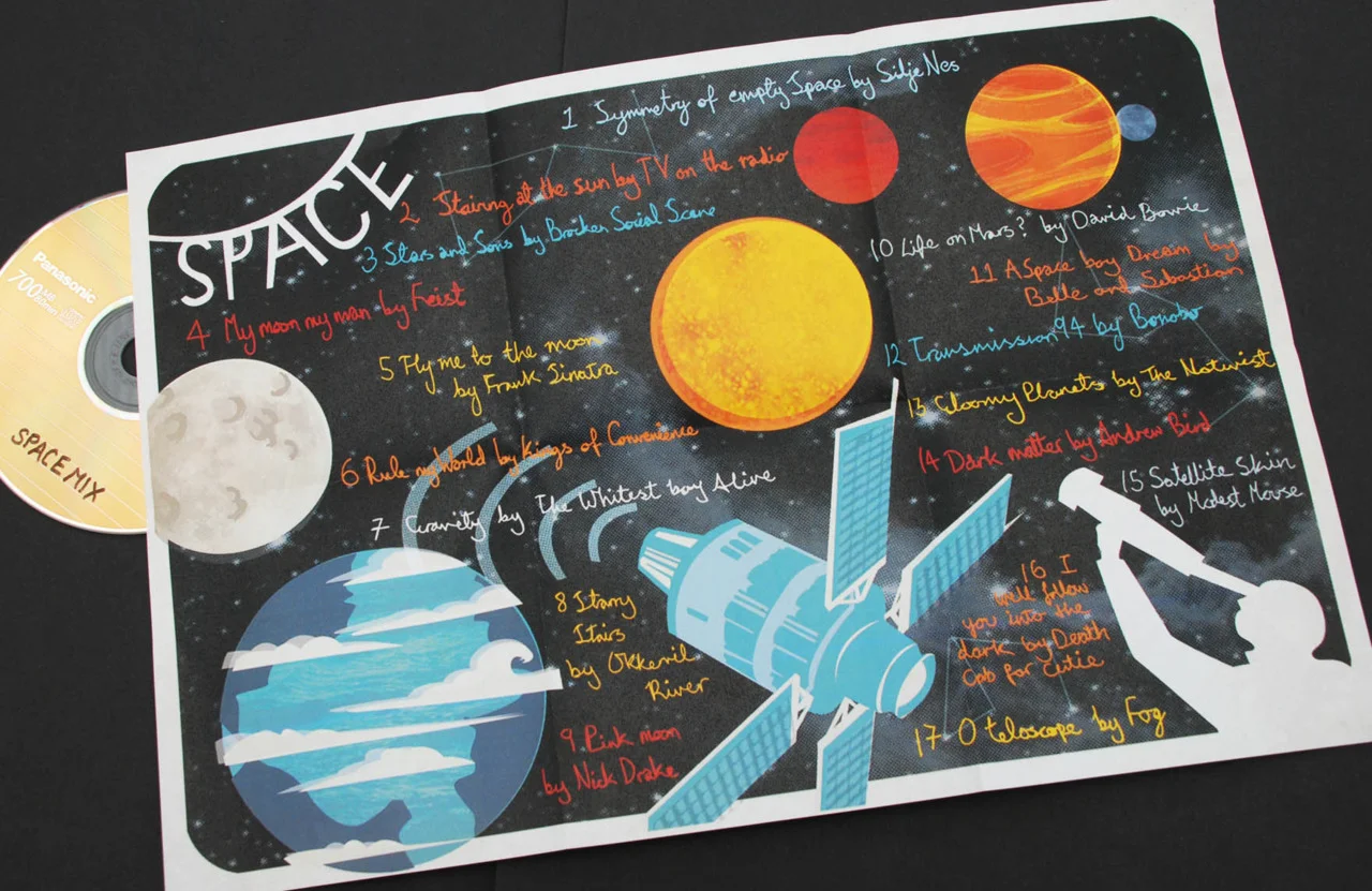 This the packaging design for a CD I created for THE MIX TAPE PROJECT. The mix is themed around space. I have created a poster depicting the solar system which can then be folded up to make a sleeve for the CD.
If you want to listen to my water mi…