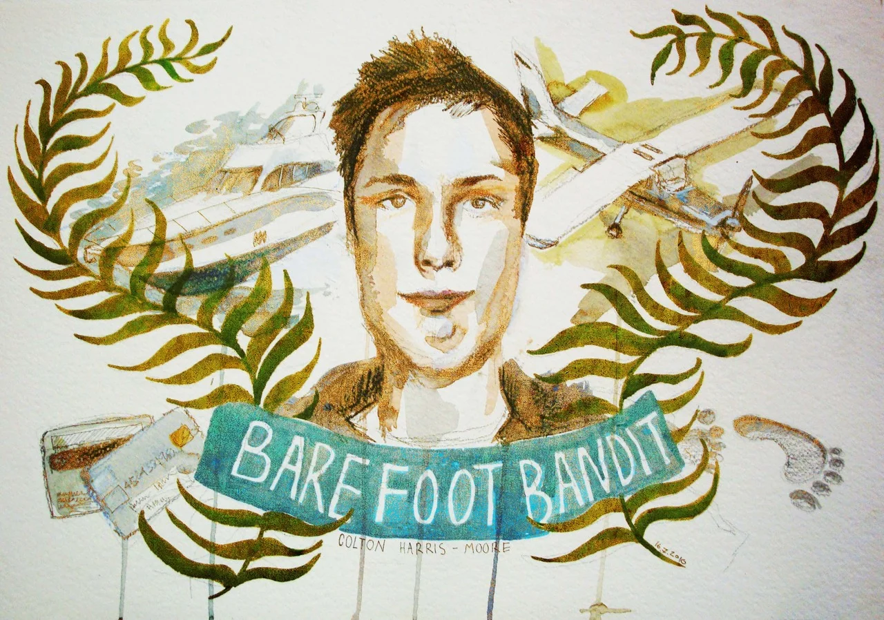 portrait of the barefoot bandit. He has recently been caught having been on the run for two years and is suspected of stealing boats, planes, cars and credit cards.