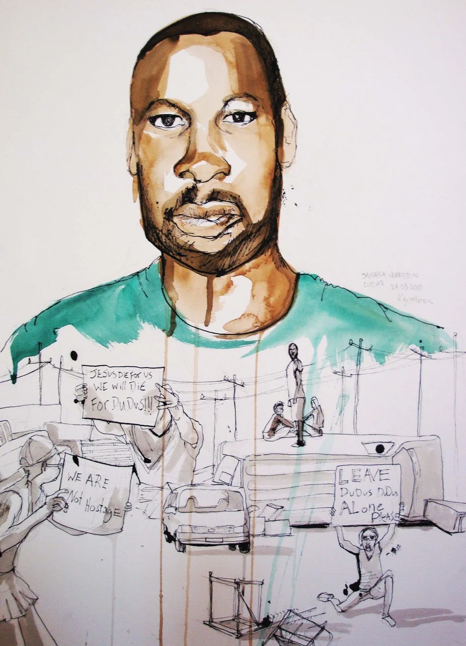 I have painted Christopher ‘Dudus’ Coke this week in his Jamaican ‘fortress’. The illustration also features his supporters who have created a barricade to prevent him from being extradited to America.
I made a mistake with t…