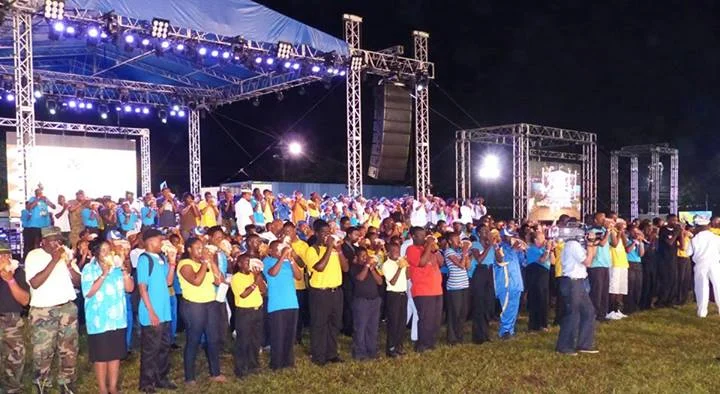 Bahamian conch blowers hard at work to obtain the new World Record during the country's 41st Independence celebrations