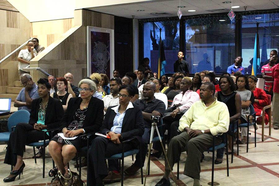 There was a standing room only audience at the Central Bank presentation. Governor of the Central Bank, Ms Wendy Craigg sits at the front along with IDB Representatives Ms Astrid Winters and Cherran O'Brien to her left (photos courtesy of Keisha Oliver for The Central Bank of The Bahamas)