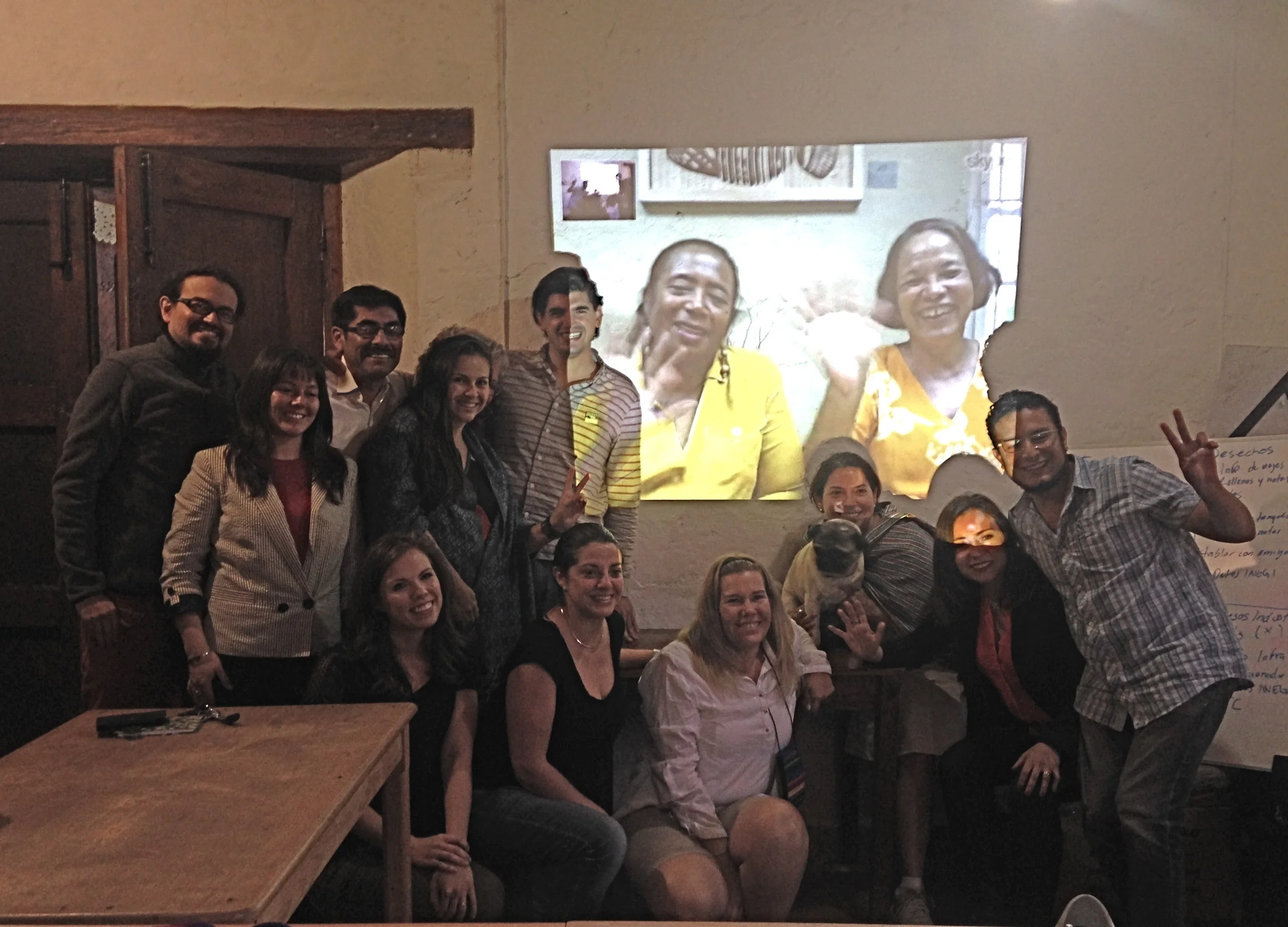 Patti and Pam on the screen at the conclusion of the skype call with the participants in San Cristobal de Las Casas, Mexico. From left to right: From left to right: Luis Vallejo: Ministry of Culture of Ecuador. Mariana Landwehr: Representative of Jorge Paniagua, ambassador for Culture and Peace. Marco Santiago: Councilor of the municipal government of San Cristóbal de Las Casas. María Alejandra López: Representative of Popayán, Colombia (Gastronomy). Laura Schaumburg: Representative of Paducah, USA (Crafts and Folk Art). José María Macías: Director of Cultural Heritage of Chiapas' State. Sandra Estrada: Direction of tourism of San Cristóbal de Las Casas. Teresa Bortoni: Director of the Crafts School of San Cristóbal. Shailo: Dog! Adriana Aguerrebere: Director of Impacto ONG. Mónica Solórzano: Researcher at ITESO University. Isaac Cordero: President of Las Casas, Nuestra Herencia ONG.