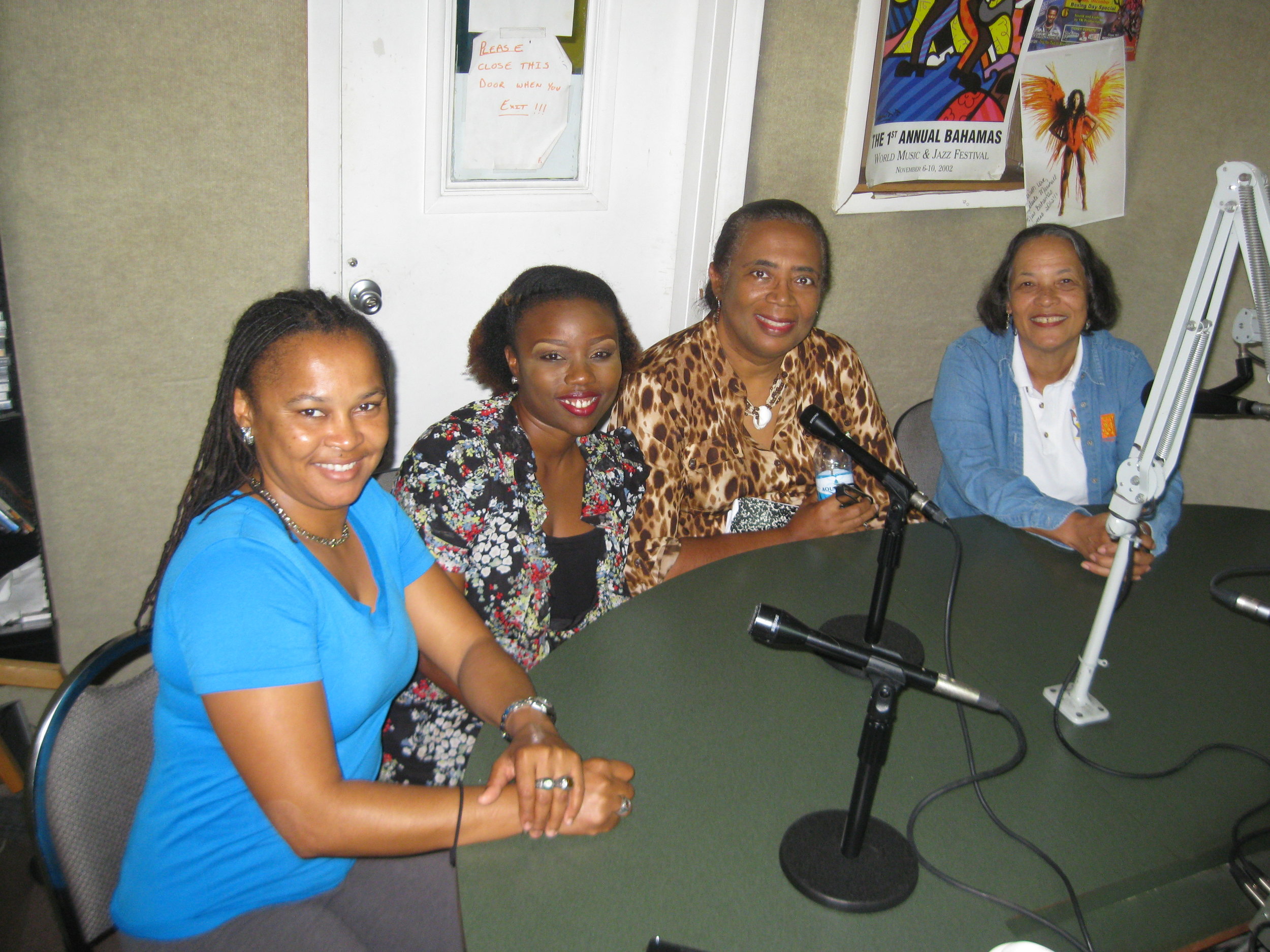 From left to right in the Island FM 102.9 recording Studio: Straw shoe designer Keesha Pratt, shoe designer Dandreia Bethel, Patti and Pam