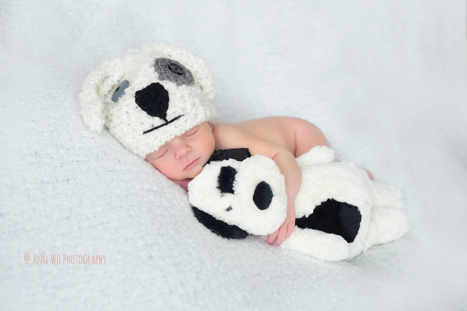 newborn photography baby in white puppy hat