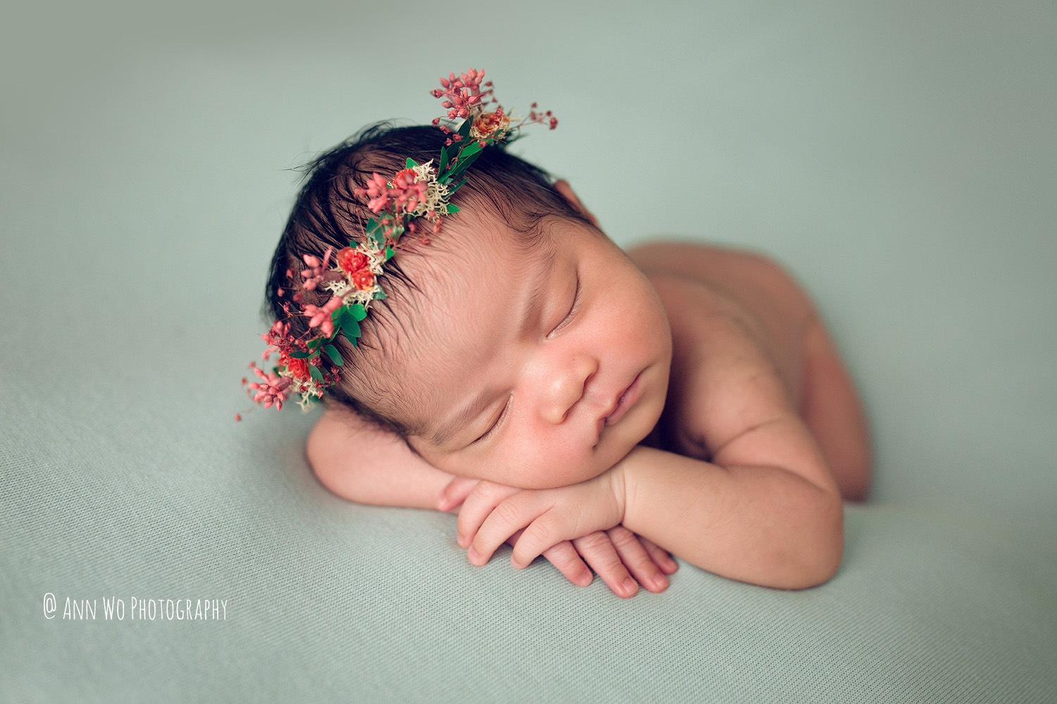 newborn photography by Ann Wo in London using mint fabric background from Sage and Blush