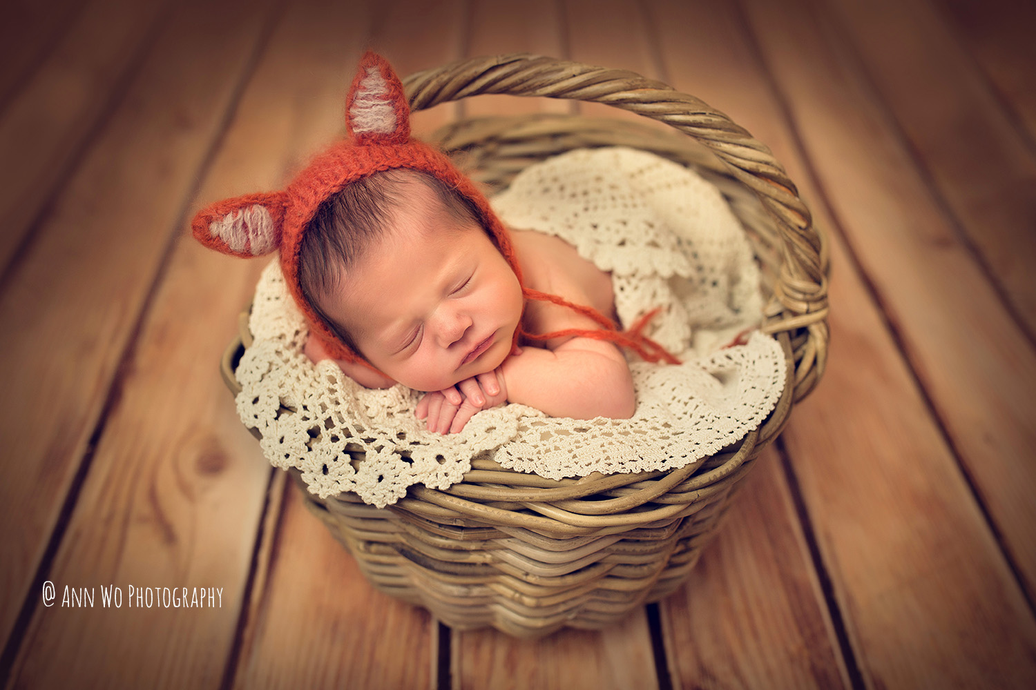 ann wo photographer newborn baby in the basket wearing fox hat and vintage lace