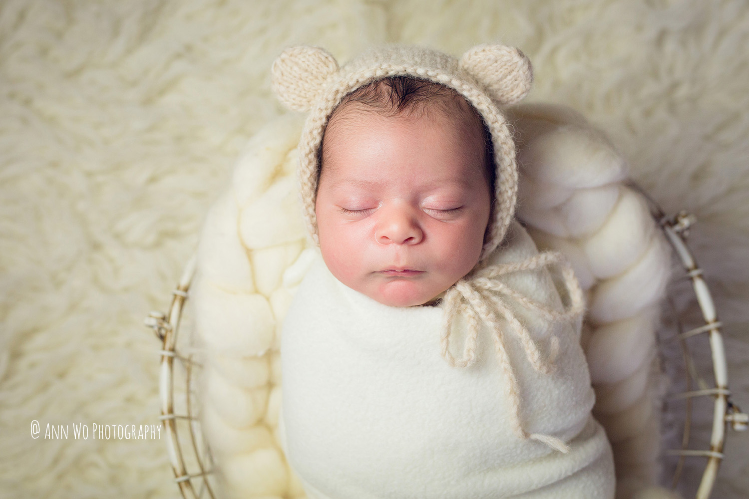 Newborn photography - baby wrapped in a wire basket wearing bear hat - Ann Wo - London