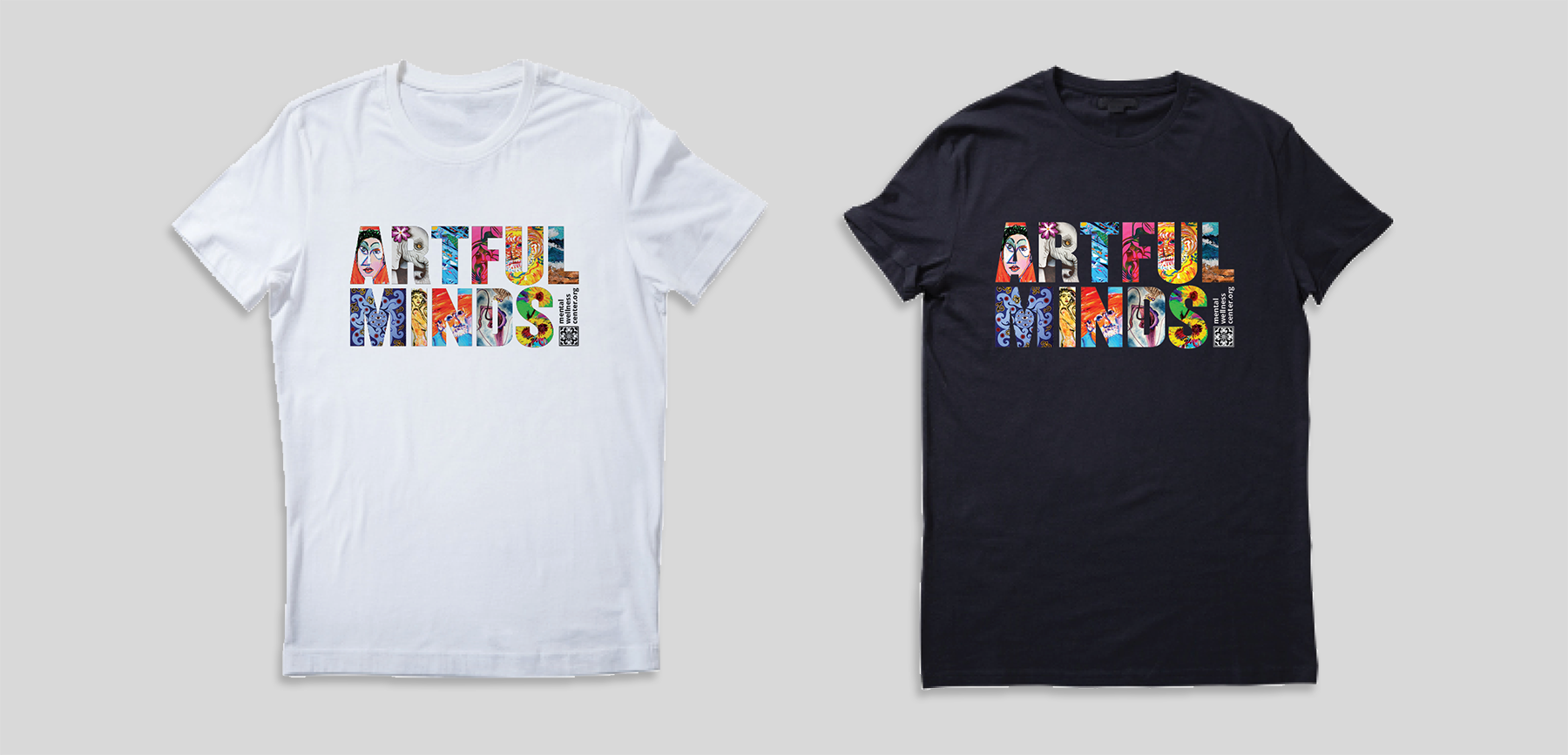 A white and black t-shirt with a colorful graphic made up of the worlds Artful Minds with letters filled by art by previous participants.