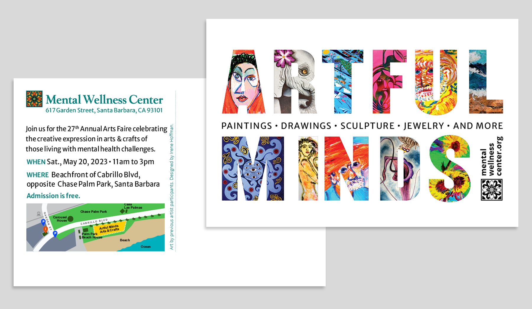 A postcard for Mental Wellness Center's 27th Annual Arts Faire – Artful Minds. Colorful art by past participants fill the letters Artful Minds to create a striking postcard graphic against a white background.