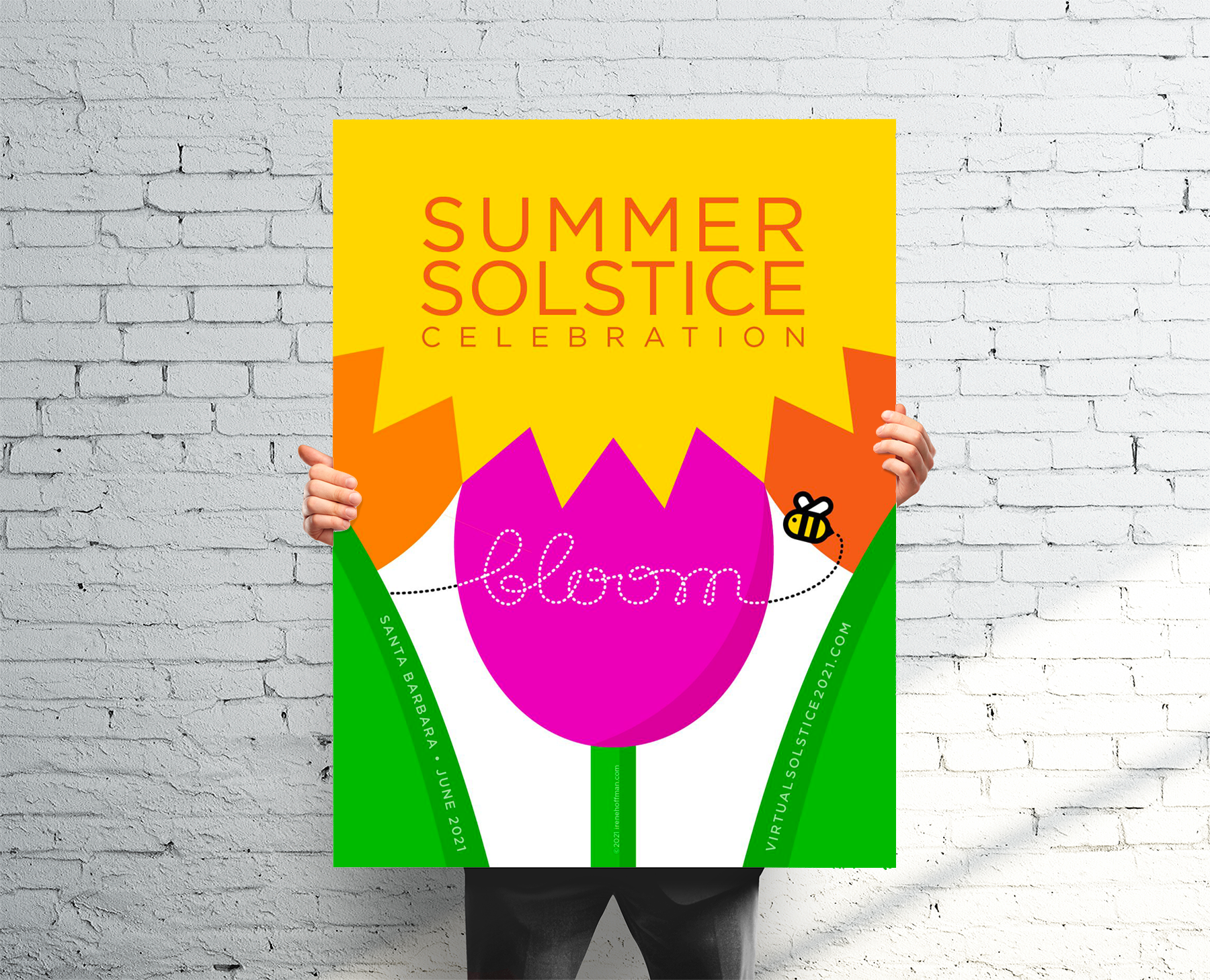 Santa Barbara Summer Solstice Celebration poster featuring a sun, tulip blossom, and the word bloom written in the wind trail of a bumble bee.