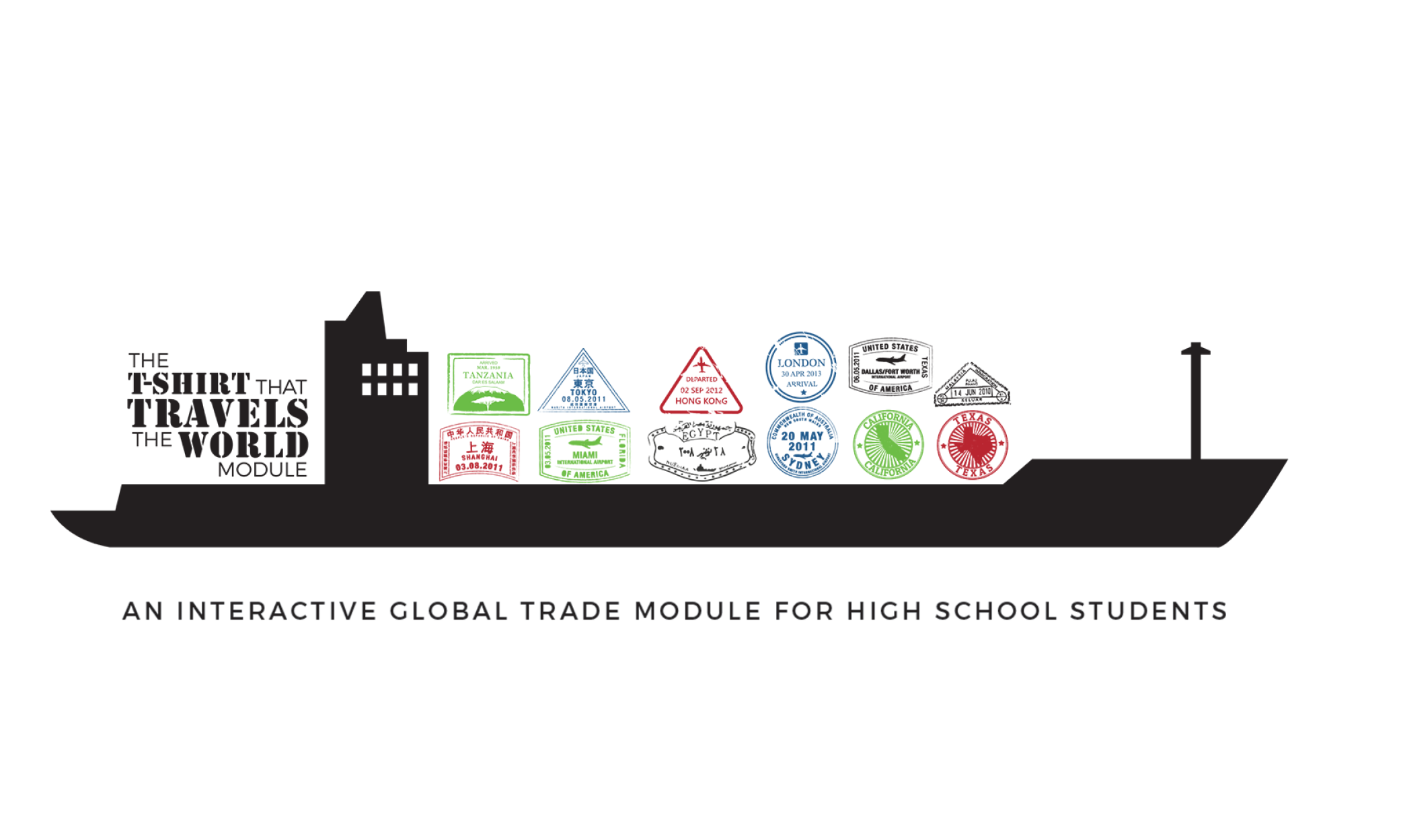 Illustration of a container ship carrying passport stamps