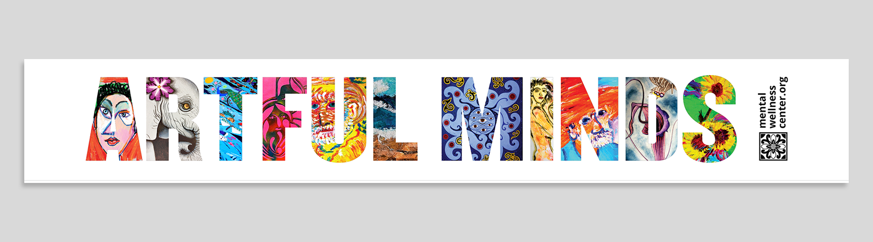 Artful Minds banner with part by previous participants filling the letters against a white background