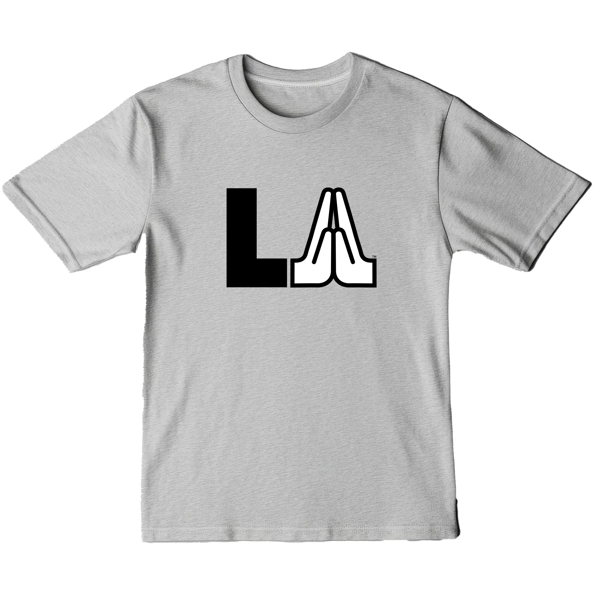 Together for LA logo (bold L and A made of two hands clasped in prayer, gratitude or a high five) applied to a tee shirt.