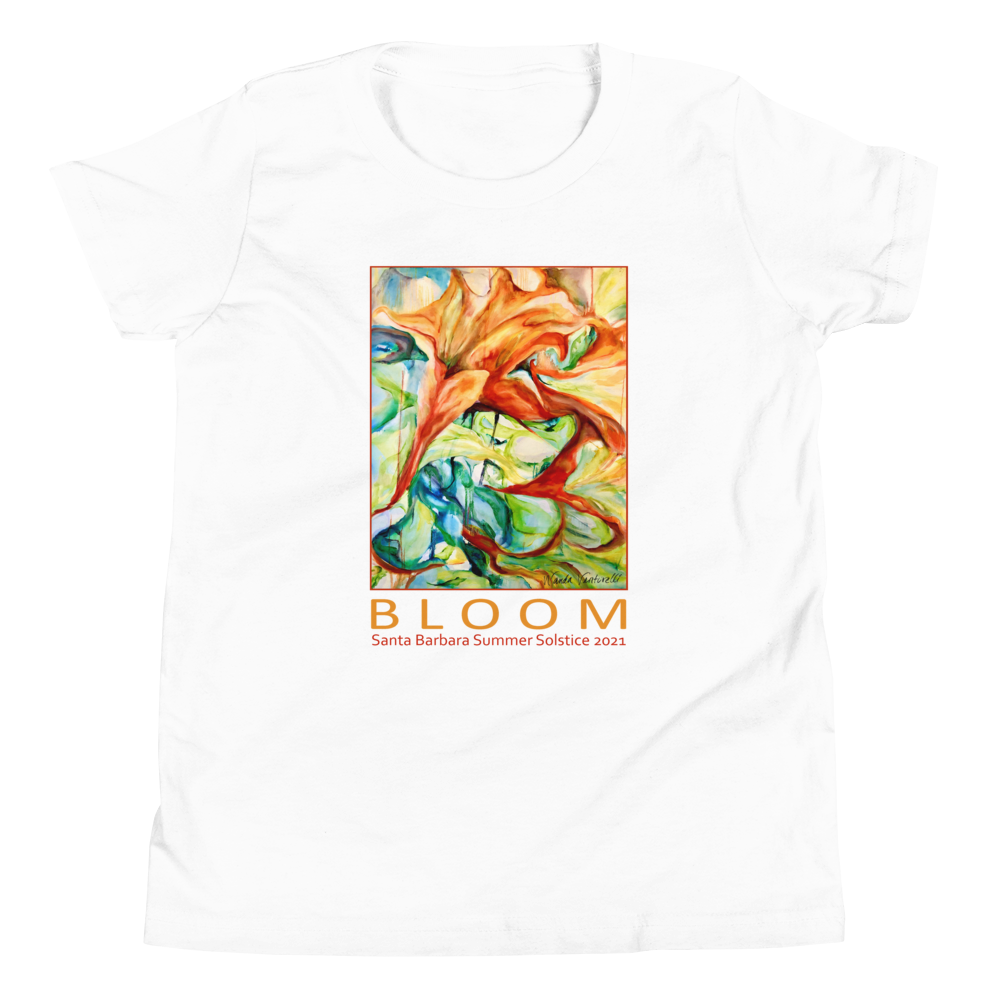T-shirt with a flower painting and the word BLOOM