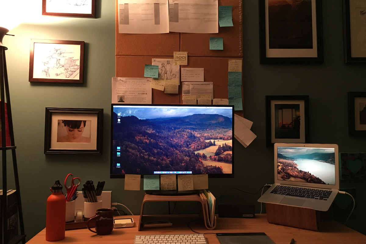 Where I write, including the corkboard w/ current outline, the "300 words" Post-It, a rough sketch of the family portrait Sarah Mensinga painted for us, a bunch of story notes and reminders, a sheaf of research on brain injuries, some notes about the similarities between the root structure of trees and brain anatomy... Okay, starting to feel like I'm giving away a bit too much here.
