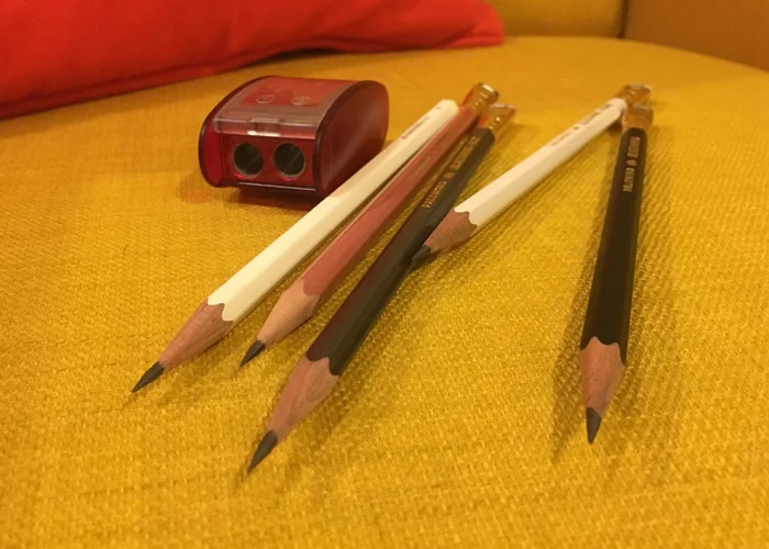 My everyday pencil selection — the three Blackwings, plus the Blackwing Volume 10001 and the Midori pencil — and the long-point sharpener I use