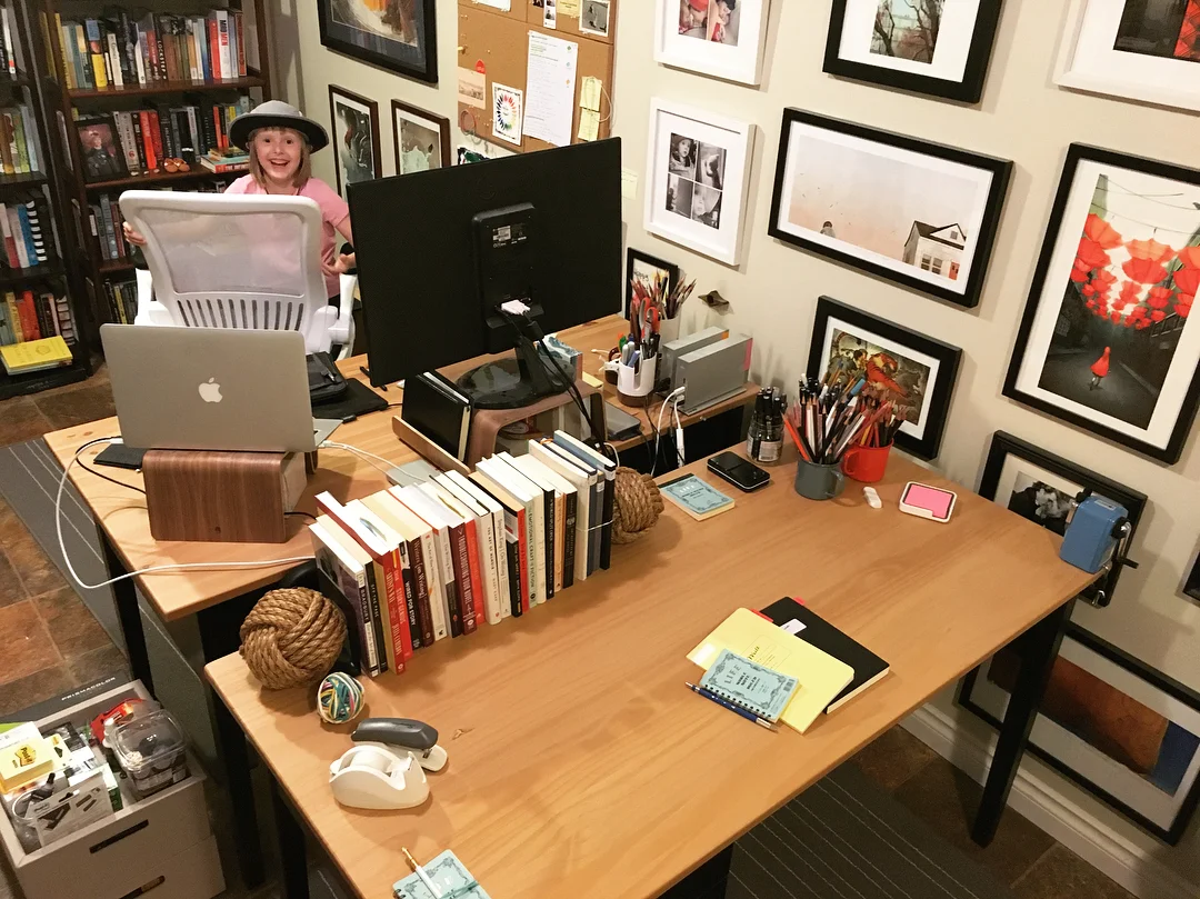 The new desk, basking in Squish's excitement for it.