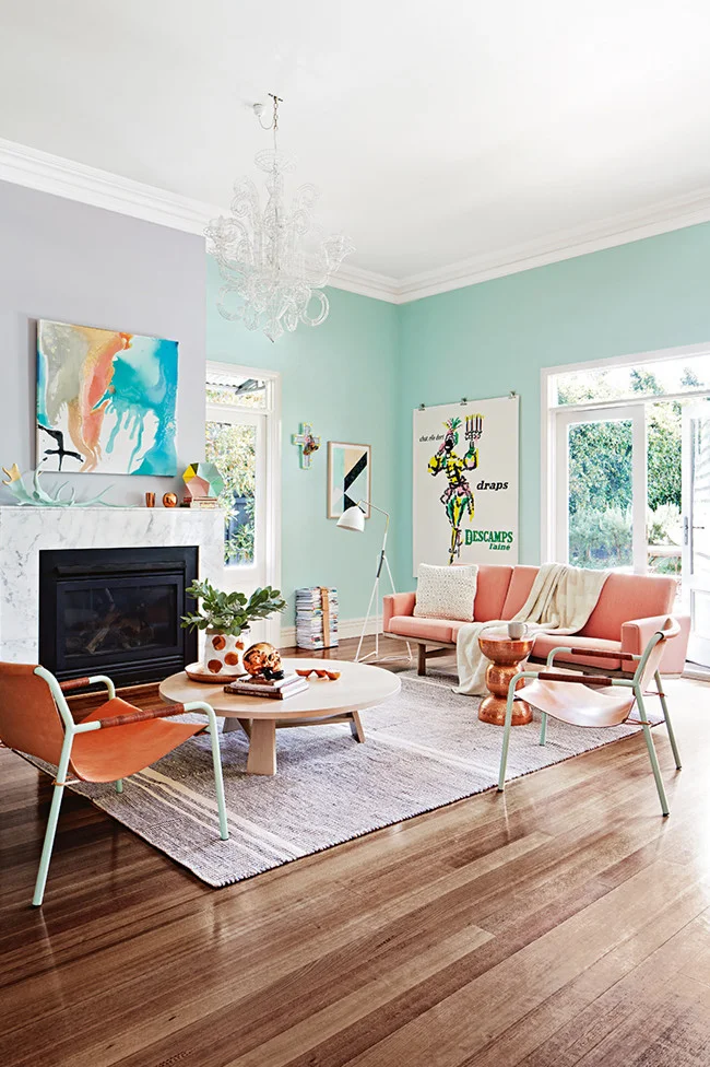 Scheme 1 - Aqua walls with dusty mauve feature wall. Photo, Armelle Habib. Styling, Julia Green. Get this Look: Aqua Sky (walls), Ming Dynasty White (feature wall) - CIL paint.