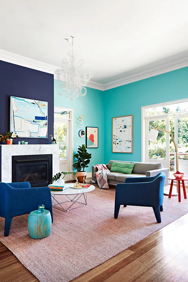 Turquoise walls with indigo blue accent wall. Photo, Armelle Habib. Styling, Julia Green. Get this Look: Thai Teal (walls), Arctic Night (feature wall) - CIL paint.