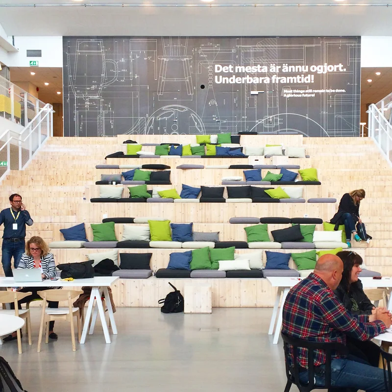 This is the meeting place and cafeteria in the main design building. Surrounding this central space are design labs, workshops and offices where prototypes and upcoming product lines are worked on.