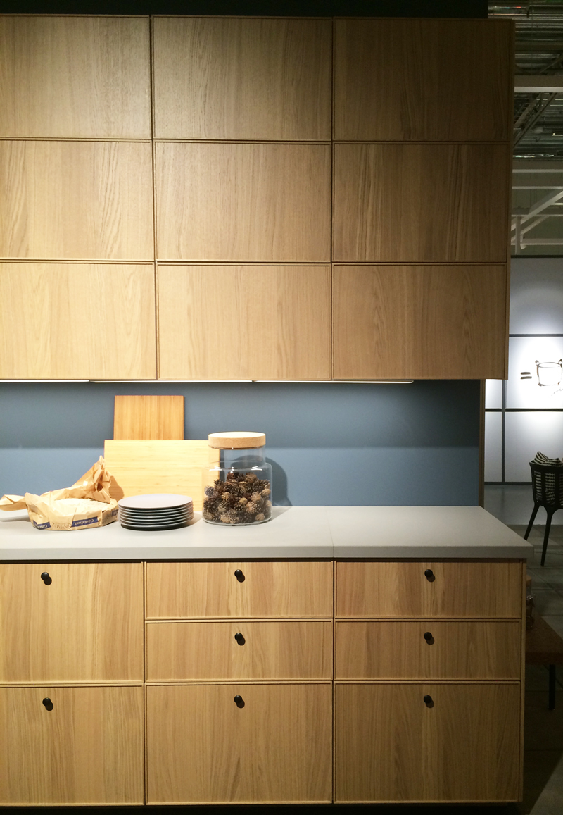 In another building, five new kitchen displays were set up. My favourite was this one which featured a white-oak style cabinet front with a raised panel. It was showcased alongside Ilse Crawford's new line with IKEA.