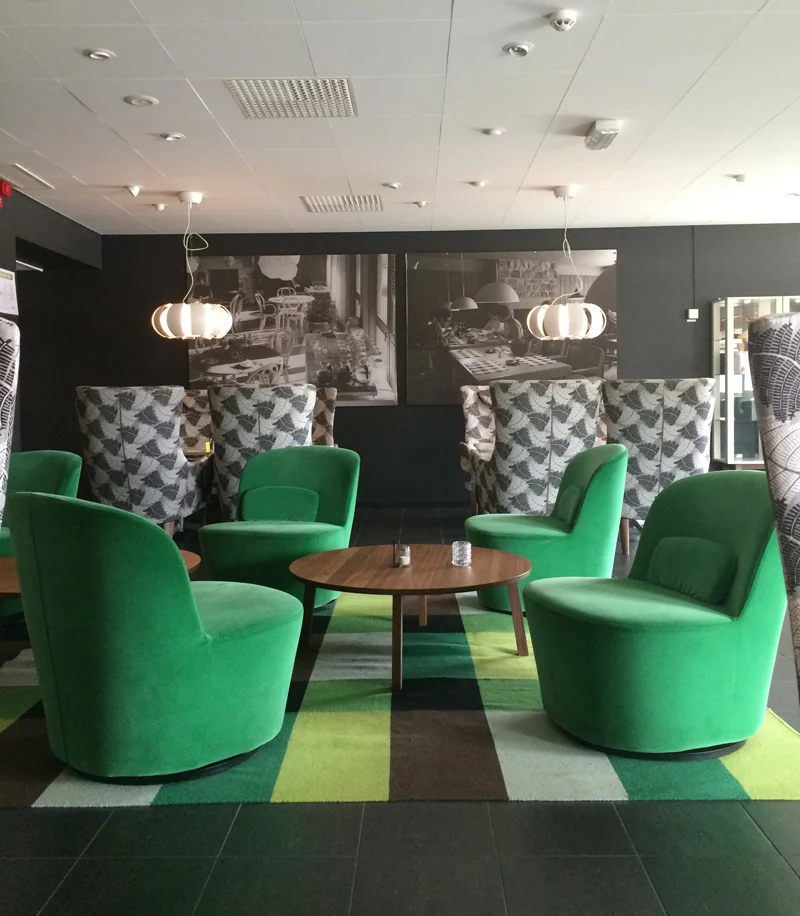 Finally, where else would we stay but at the IKEA hotel. The lobby was outfitted in shades of emerald and black obviously all furnished with IKEA furniture.