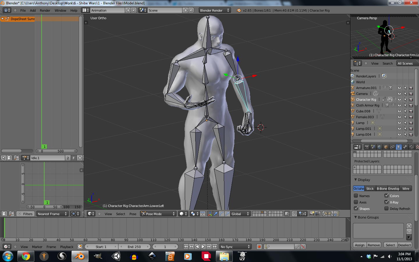 This is a shot of my Blender window with the main (and regrettably, only) character in Shibe Warz with a weight-painted rig. I'm currently highlighting and moving his left arm into a position for a single keyframe of an Idle animation.