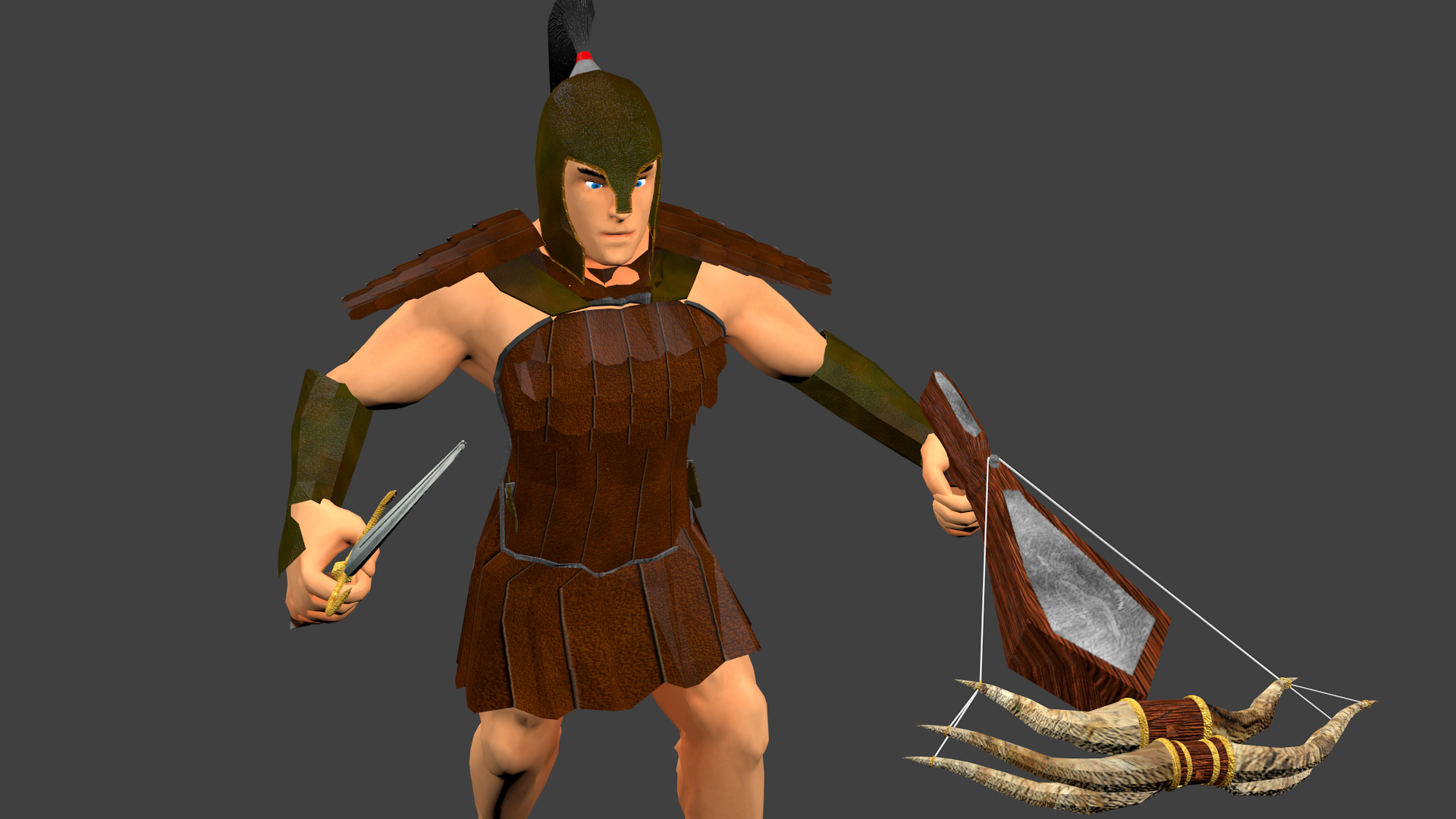The same goes for this picture. A dagger in one hand (which confers X2 damage if attacking an enemy from the rear) and a crossbow in the other (which fires 3 times in one turn at up to 3 different enemies on the battlefield). The armor he's wearing is leather armor, with moderate physical damage mitigation and light movement penalty.