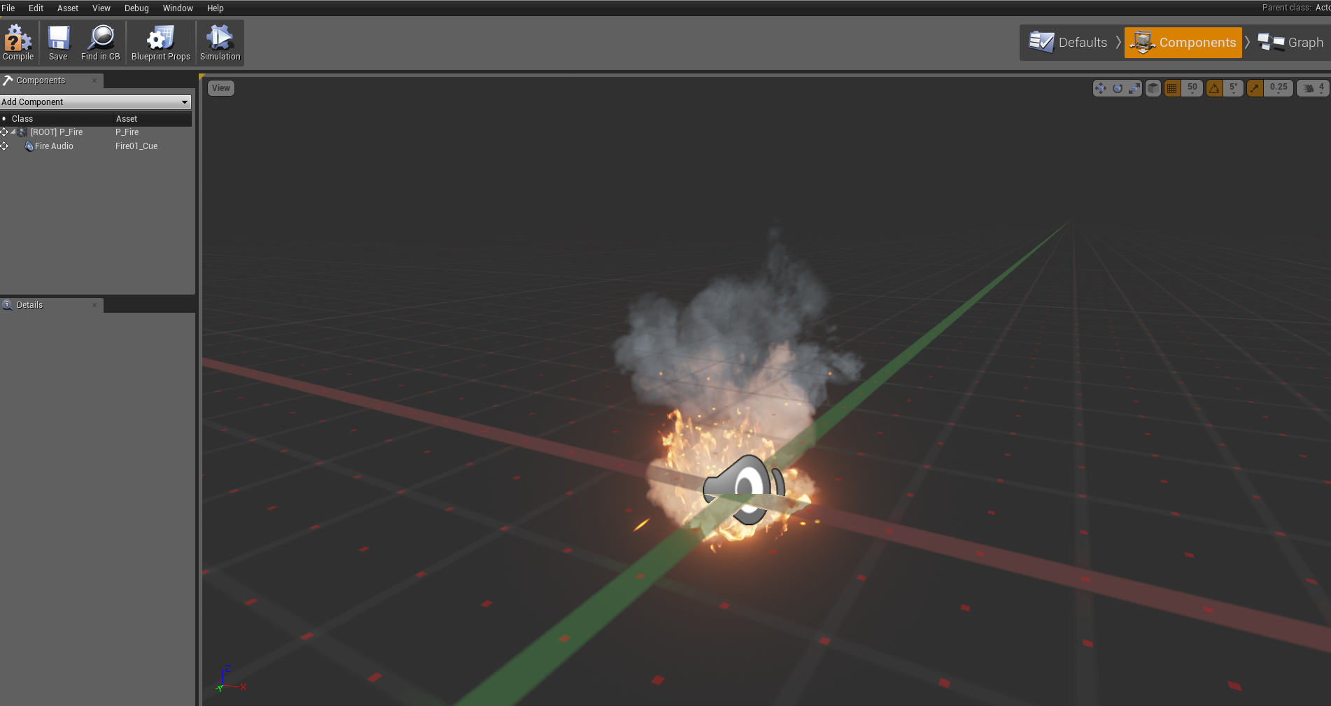 This is a Component overview of one of the pre-fabricated Particle Effect blueprints, which is basically a roaring "campfire". It combines several assets into one, including smoke textures, flame textures, and a looping "crackling fire" sound, and all of it is animated. I need to learn how to accomplish things like this. It is absolutely spectacular in real-time.