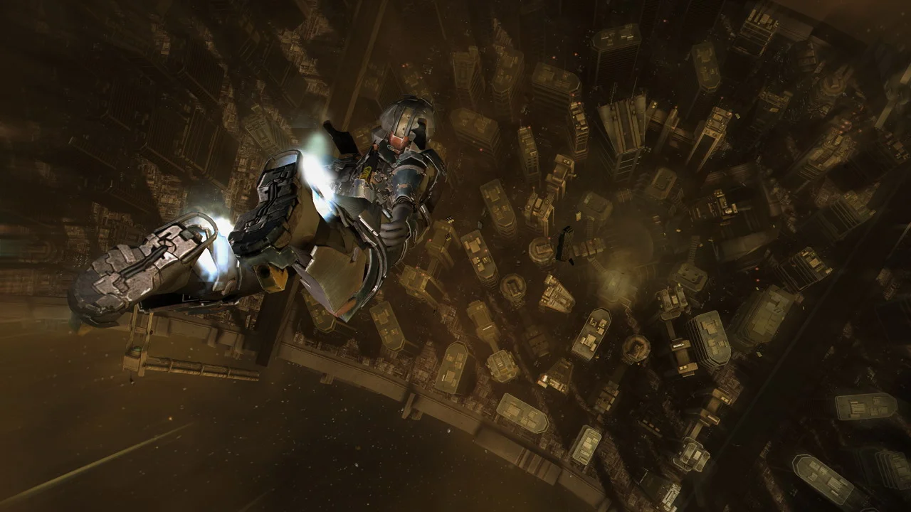 Dead Space 2 Fall to Titan Station, the hollowed-out Saturnian Moon which doubles as both a human mining resource and residential colony. This game was beautiful and inspiring.