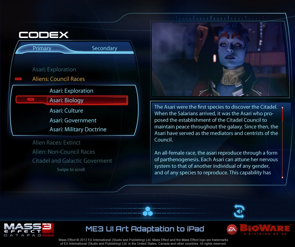 Mass Effect 3 "Codex" example, part of our inspiration for the Lore mechanic in Xeno (Copyright: EA, BioWare)