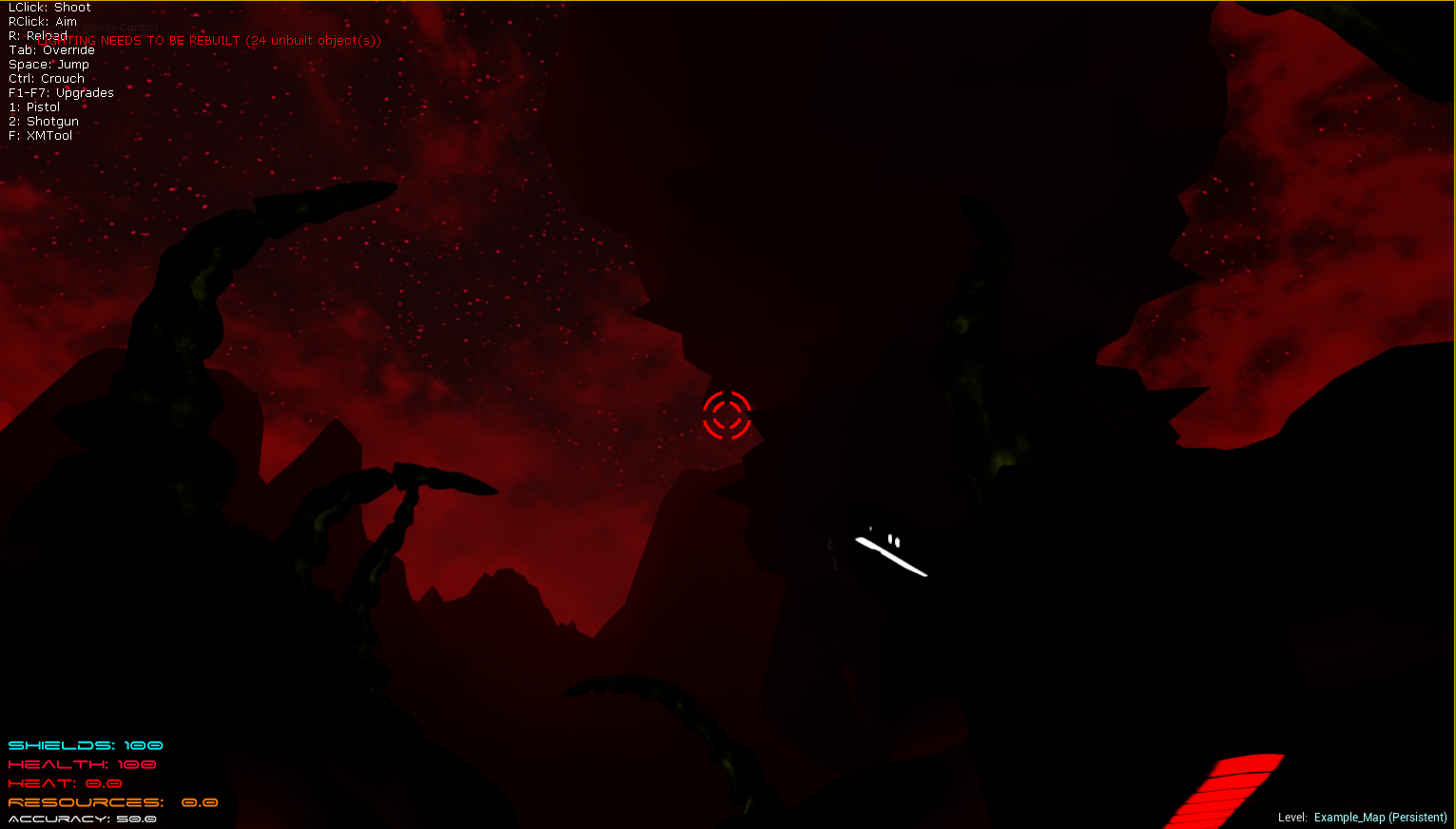 The starting area for the Proof of Concept level, dubbed "The Protolevel". Those relatively close tentacles are animated and move of their own accord. The mammoth black structure in the background is the "Hive," which is accessed later in the level.