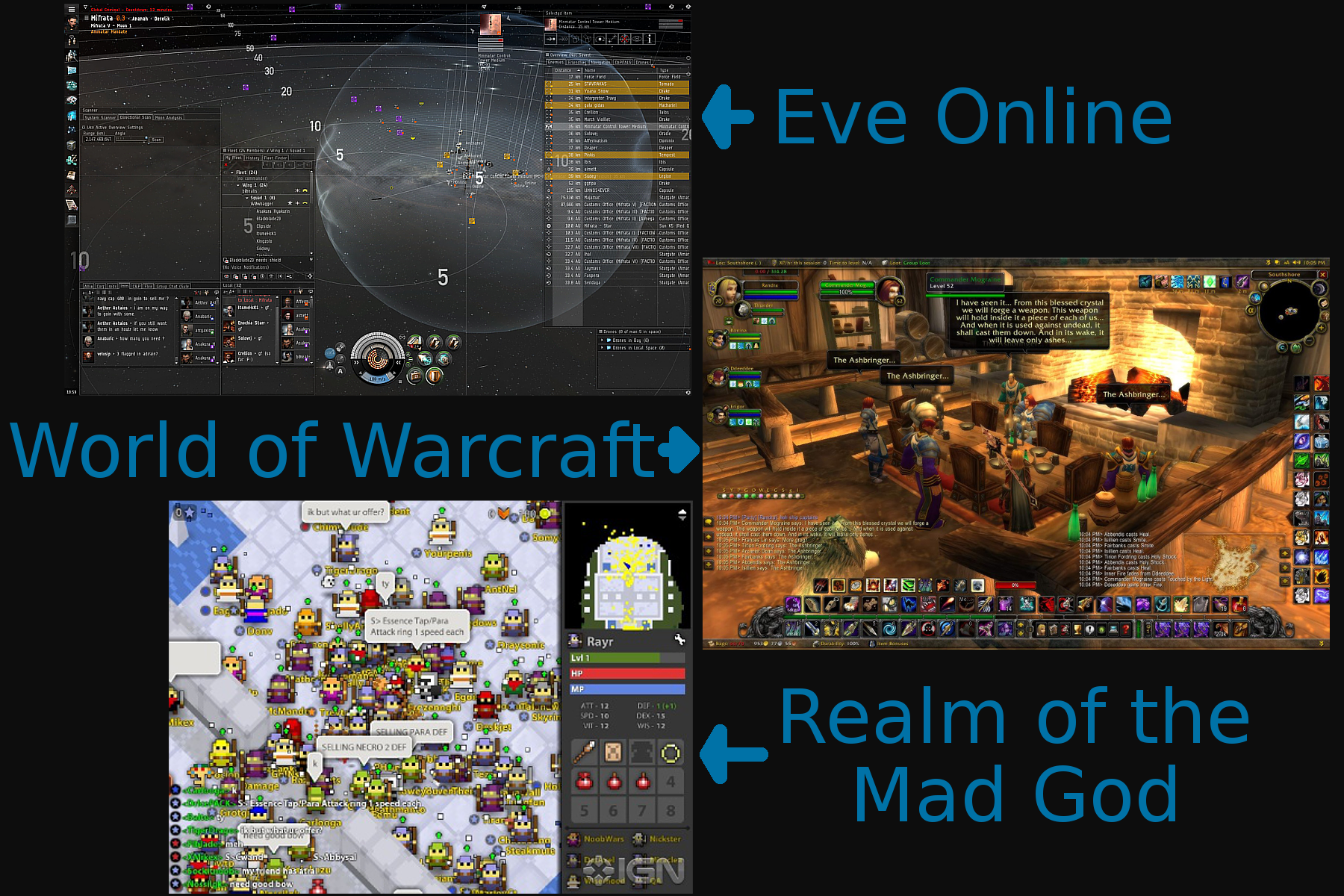 All MMO's. Compare and contrast. Show your work. Your homework is due Monday.