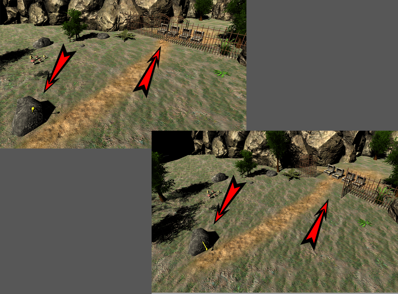 Top-Left: Unused Lever on left, closed gate on right Bottom-Right: Lever pressed down, gate opens
