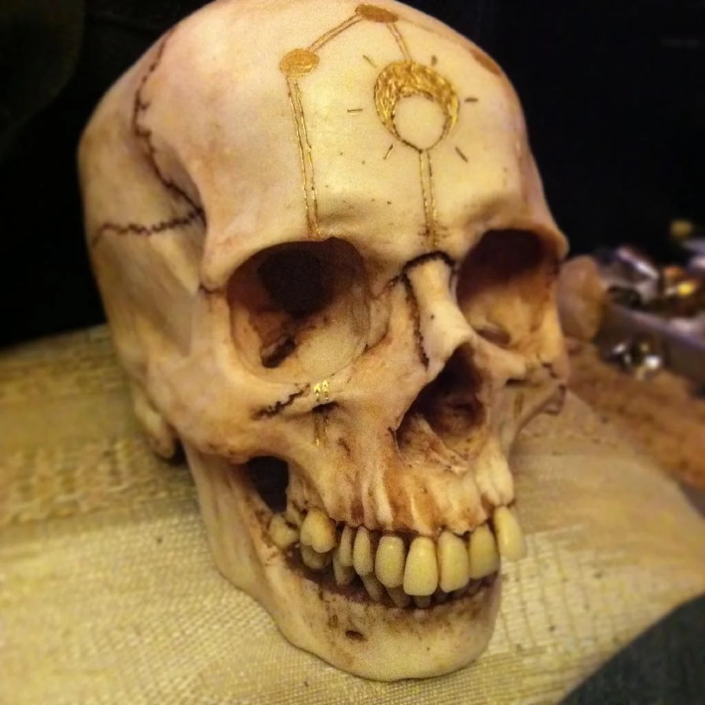Strange Gilt Skull found in the locked office of Doctor Anthony Vestagé, Professor of Occult Studies