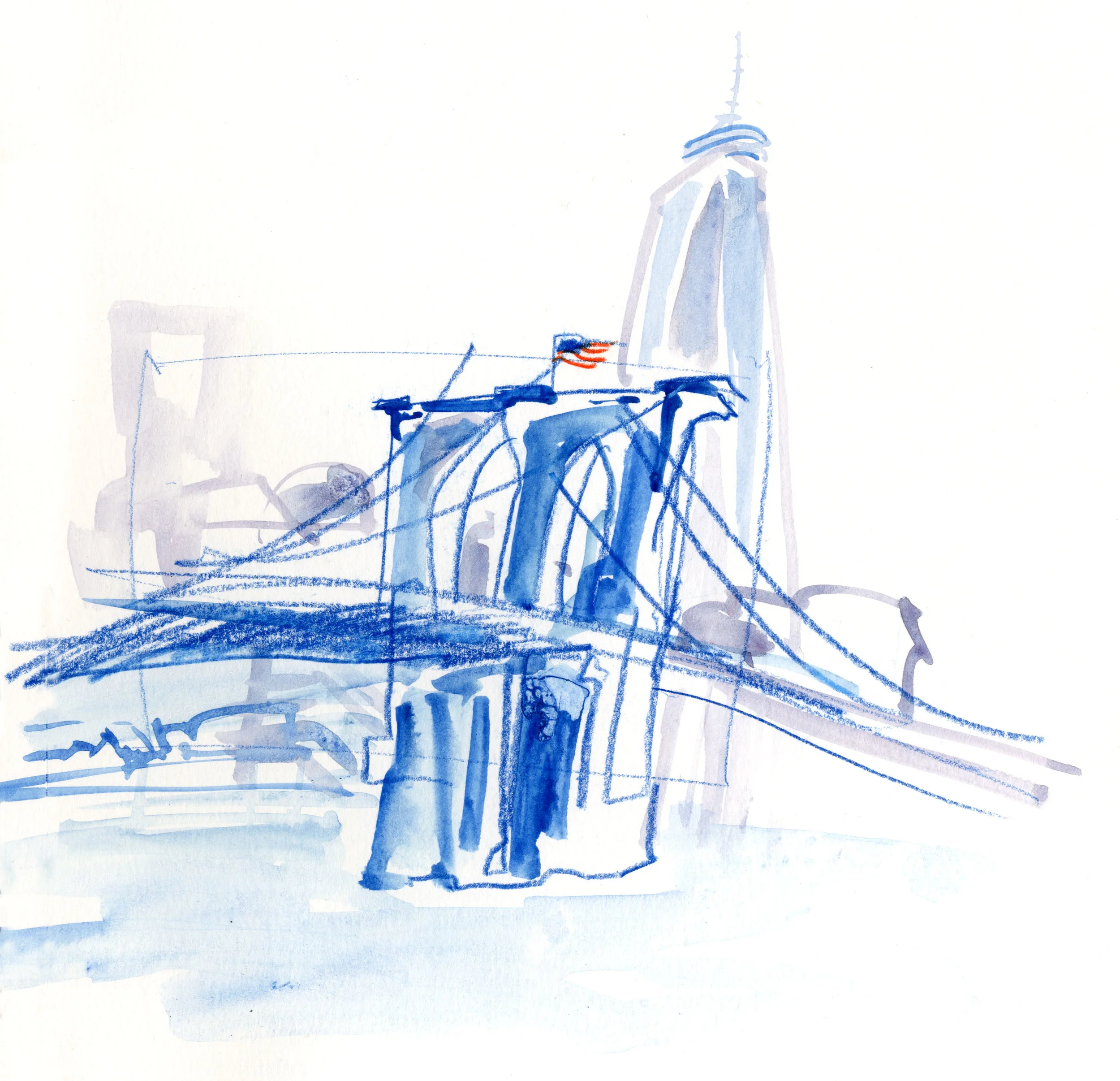 The Brooklyn Bridge with the Freedom Tower in the back, as seen from the Brooklyn Bridge Park in DUMBO. © Carly Larsson 2014.