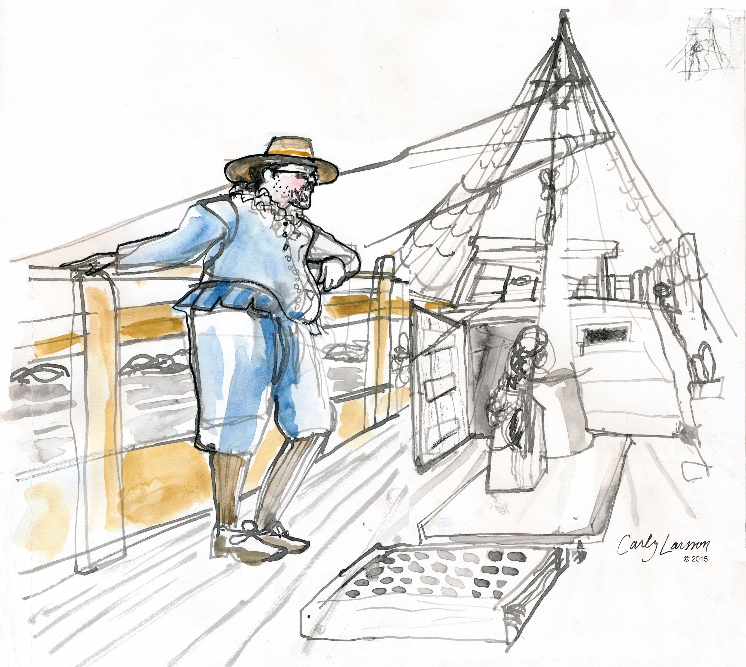 The ship's purser, Master Williamson on the half deck of the Mayflower II.