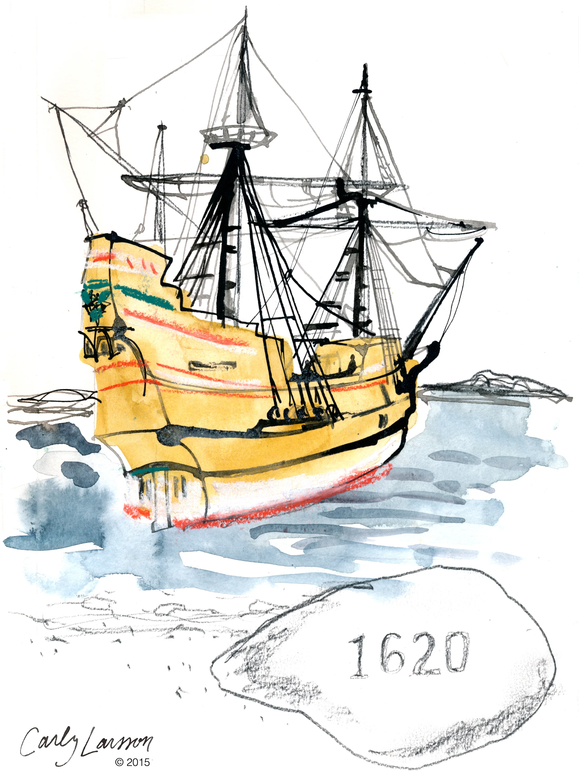 The Mayflower II docked in Plymouth MA with Plymouth Rock in the foreground. 
