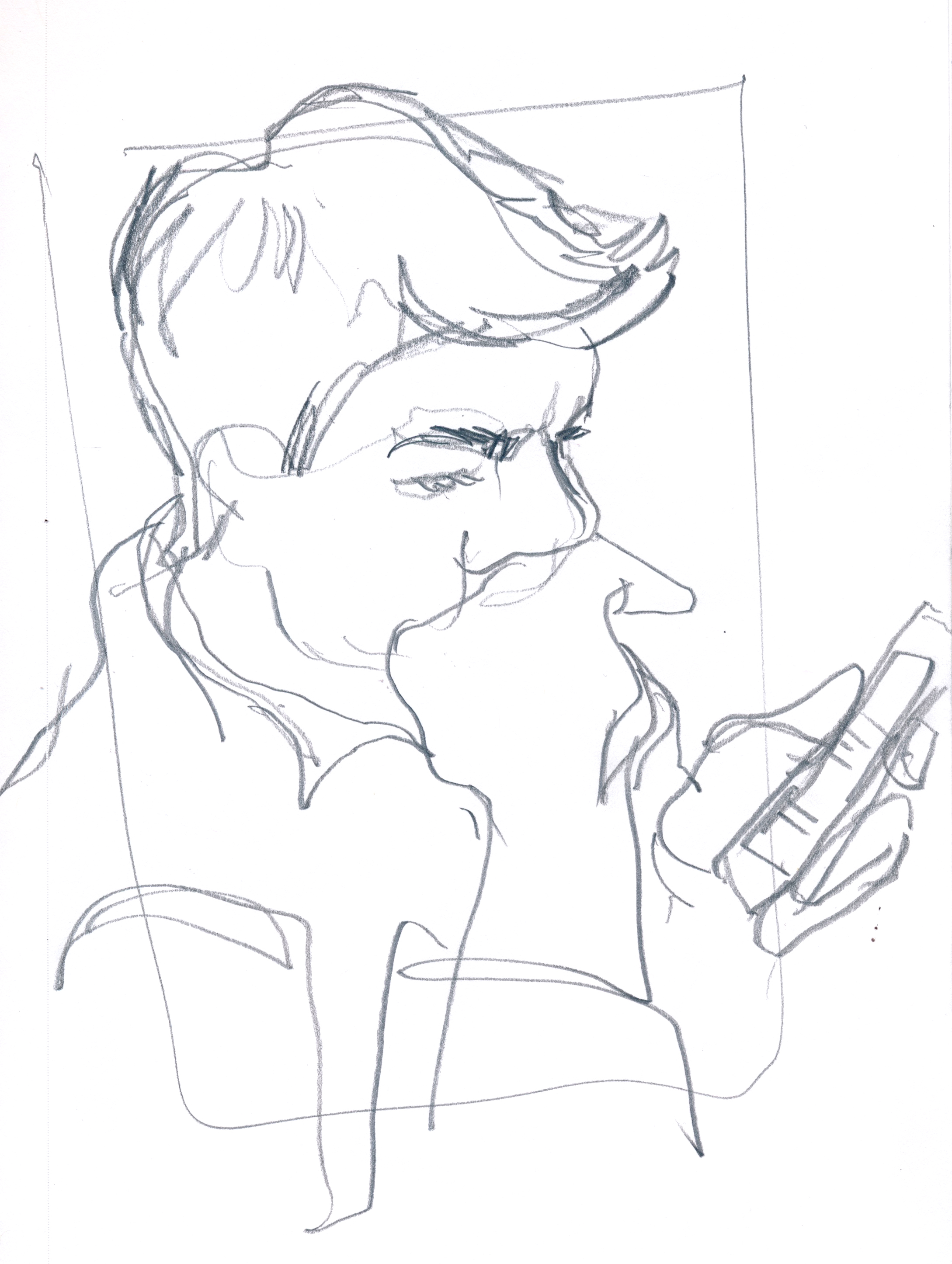 Grey reading the NY Times on his phone while I take too long to finish my lunch because of drawing everyone © Carly Larsson 2015